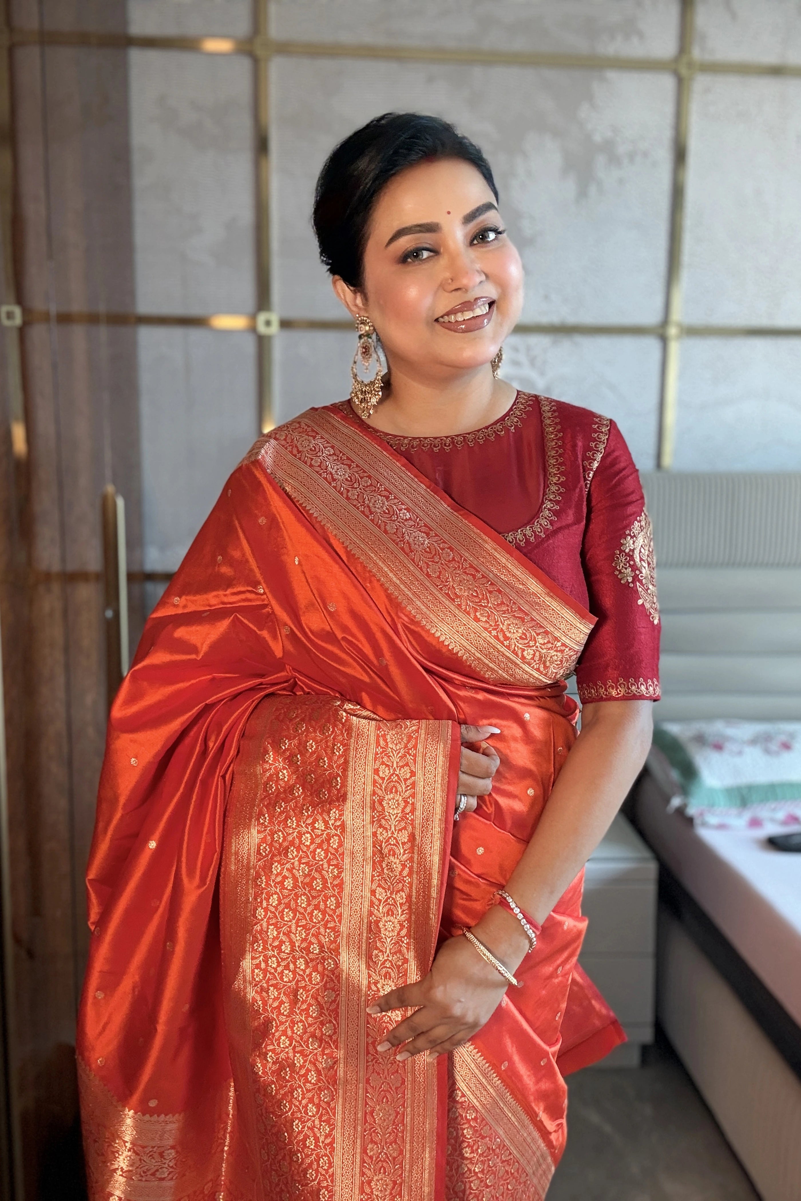 Orange Katan Banarasi Saree With Blouse Piece
