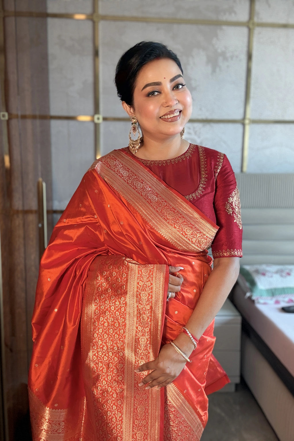 Orange Katan Banarasi Saree With Blouse Piece