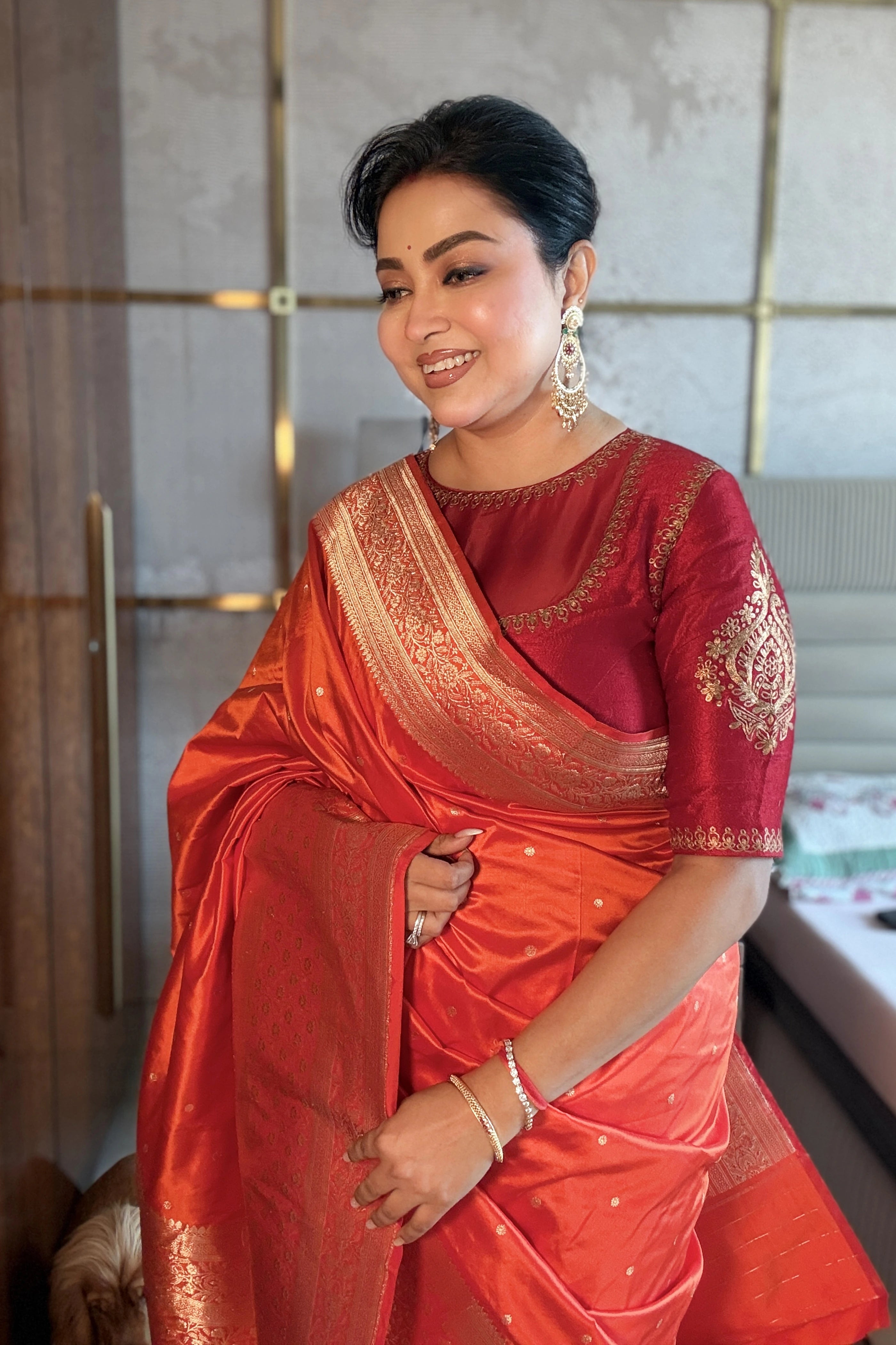 Orange Katan Banarasi Saree With Blouse Piece