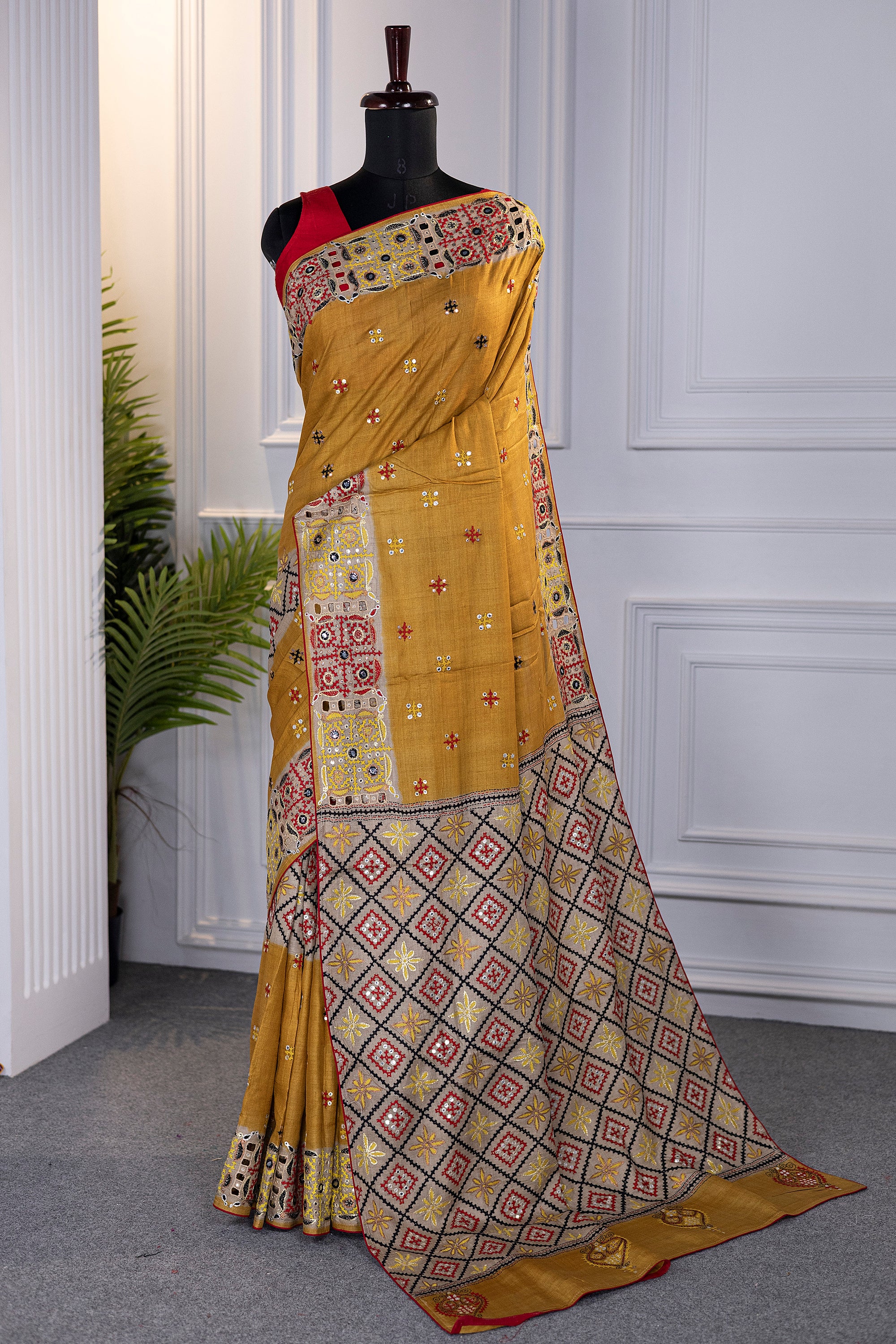 Tussar Gujarati Aari Work With Cutwork