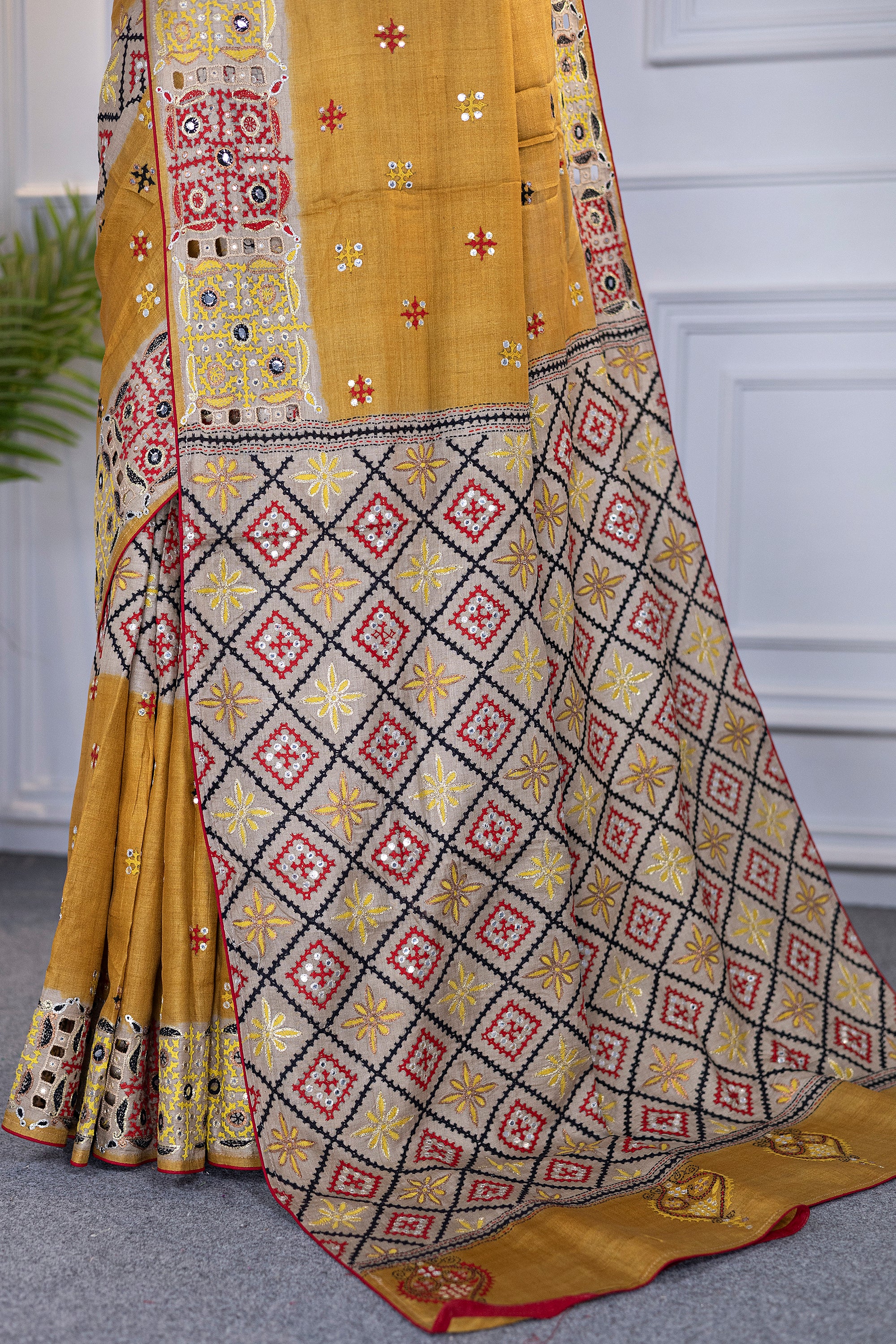 Tussar Gujarati Aari Work With Cutwork