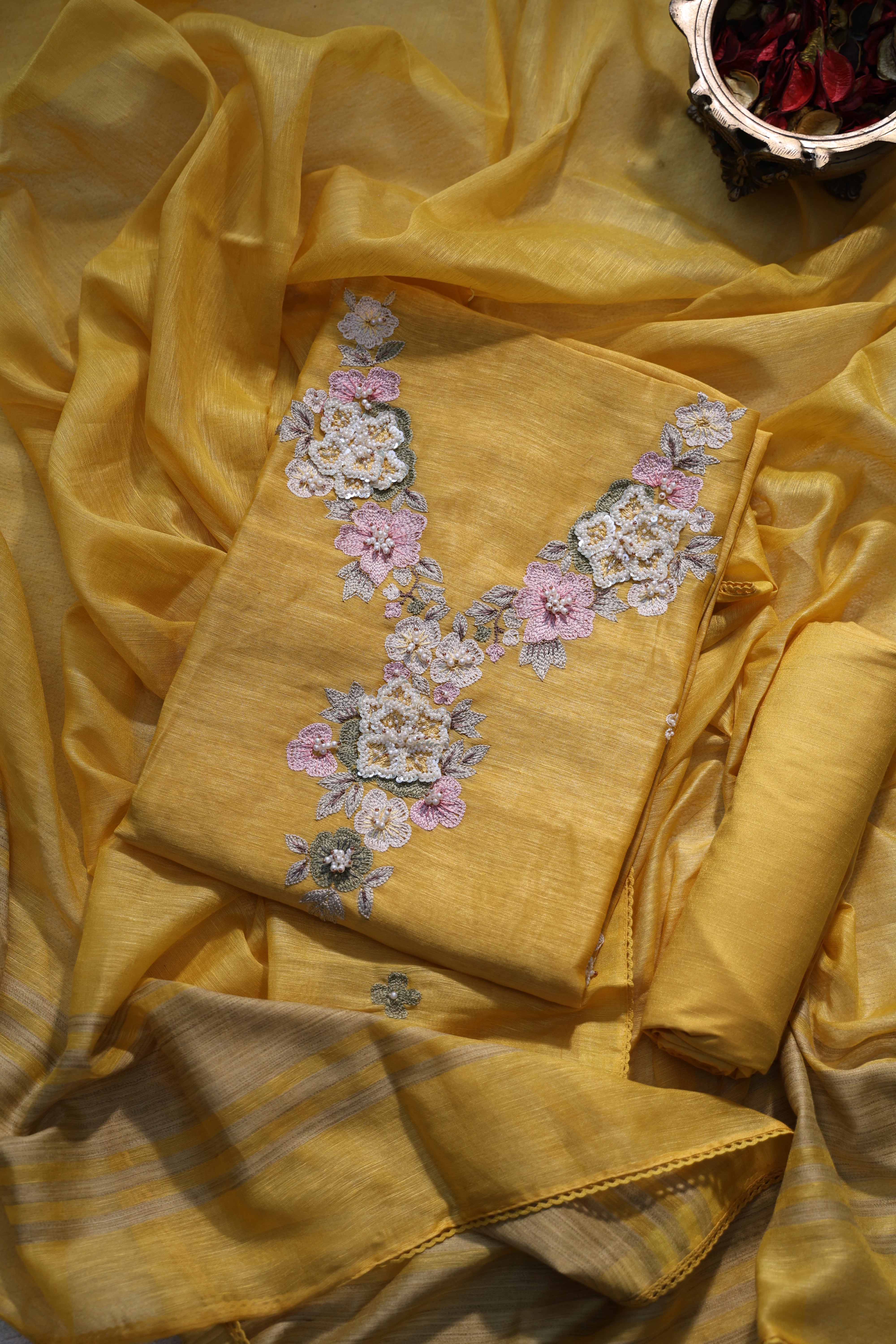 Linen Handwork Suit Piece Yellow