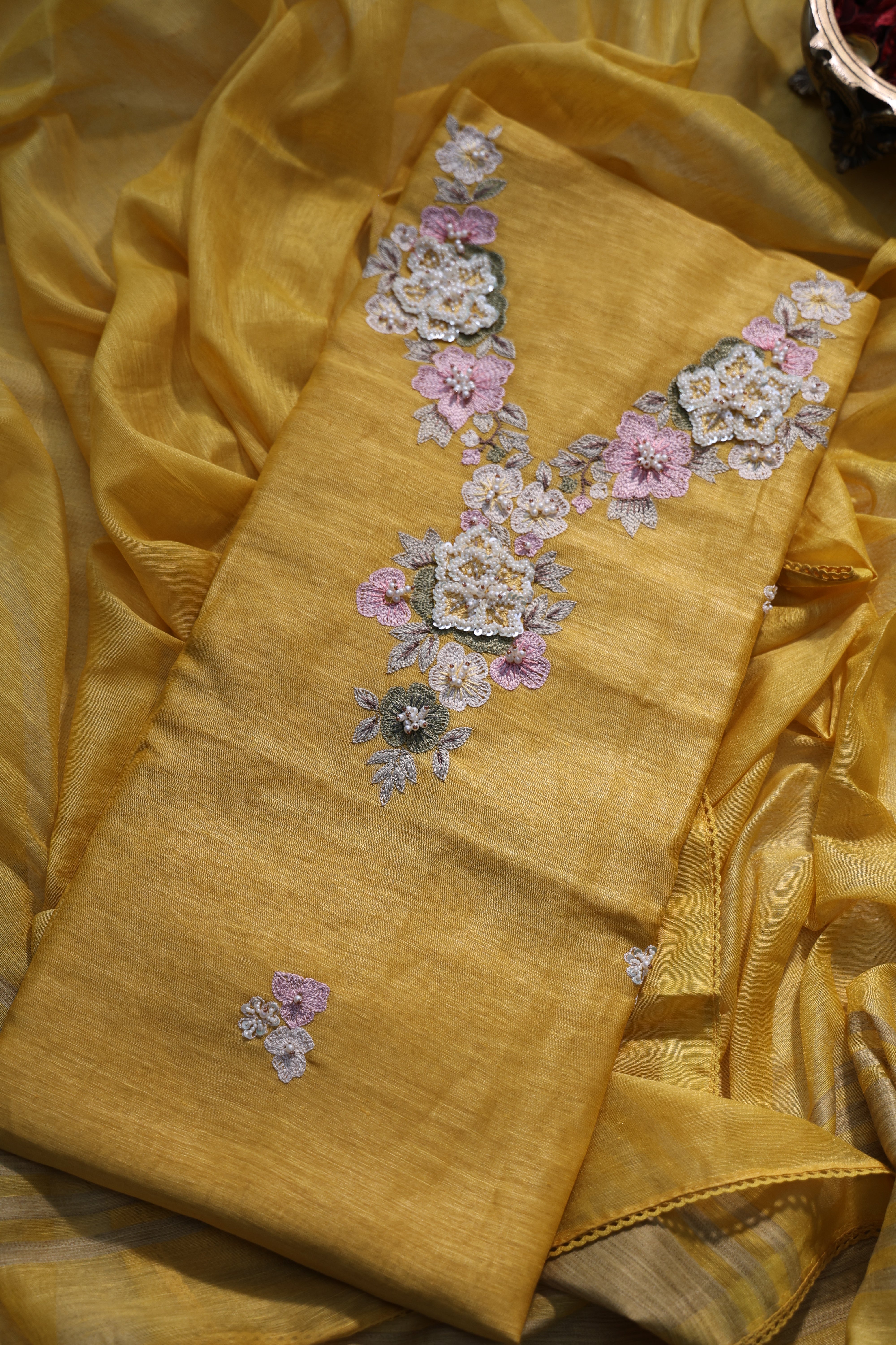 Linen Handwork Suit Piece Yellow