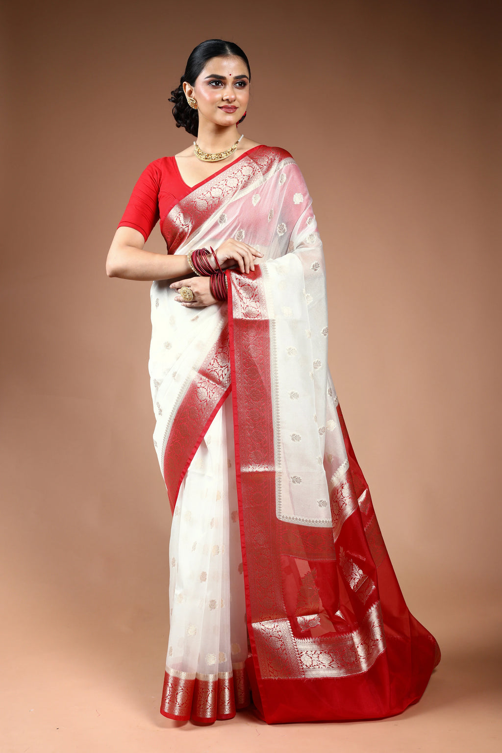 Red & White Semi Tissue Saree with Blouse Piece
