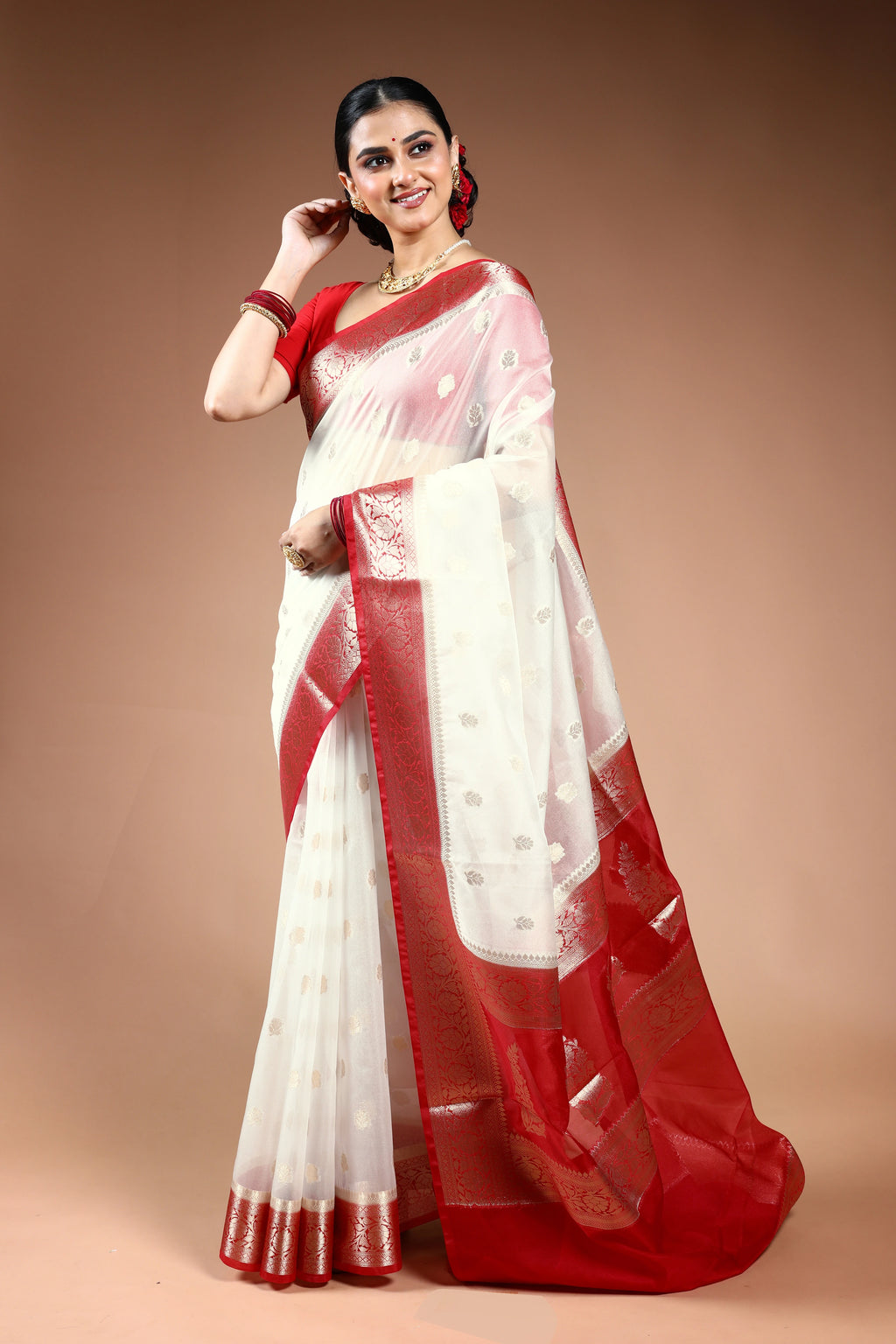 Red & White Semi Tissue Saree with Blouse Piece