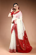 Red & White Semi Tissue Saree with Blouse Piece