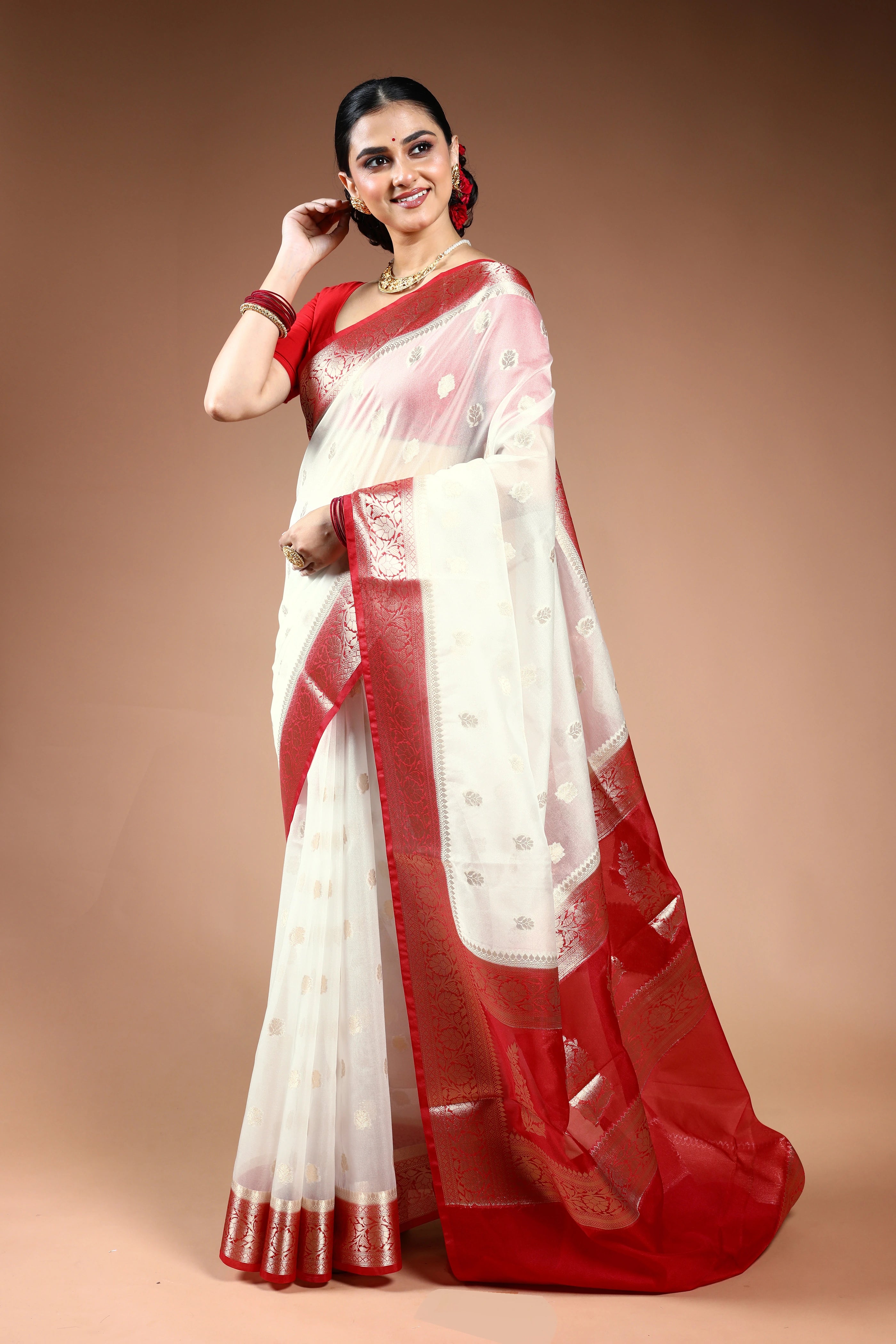 Red & White Semi Tissue Saree with Blouse Piece