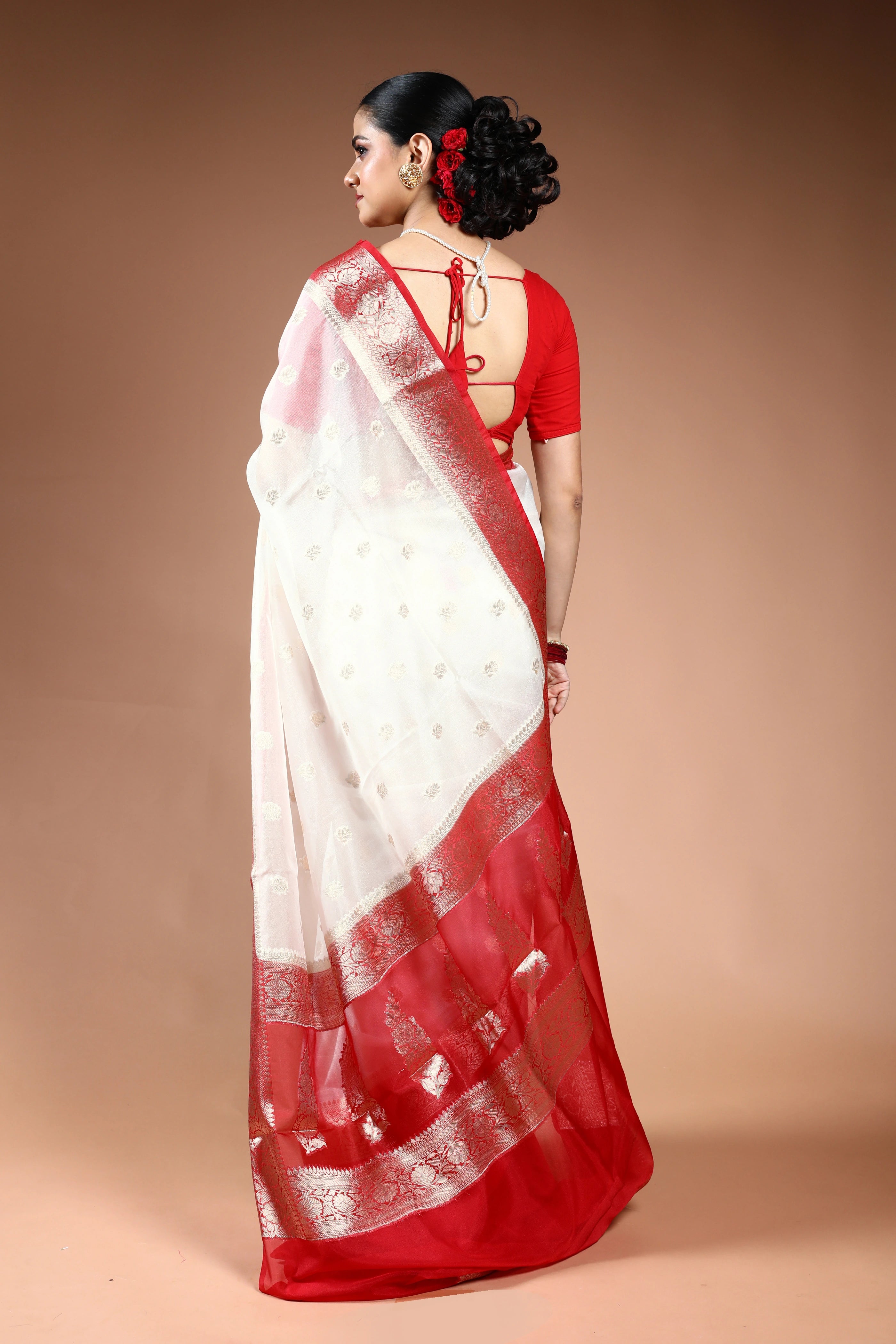 Red & White Semi Tissue Saree with Blouse Piece