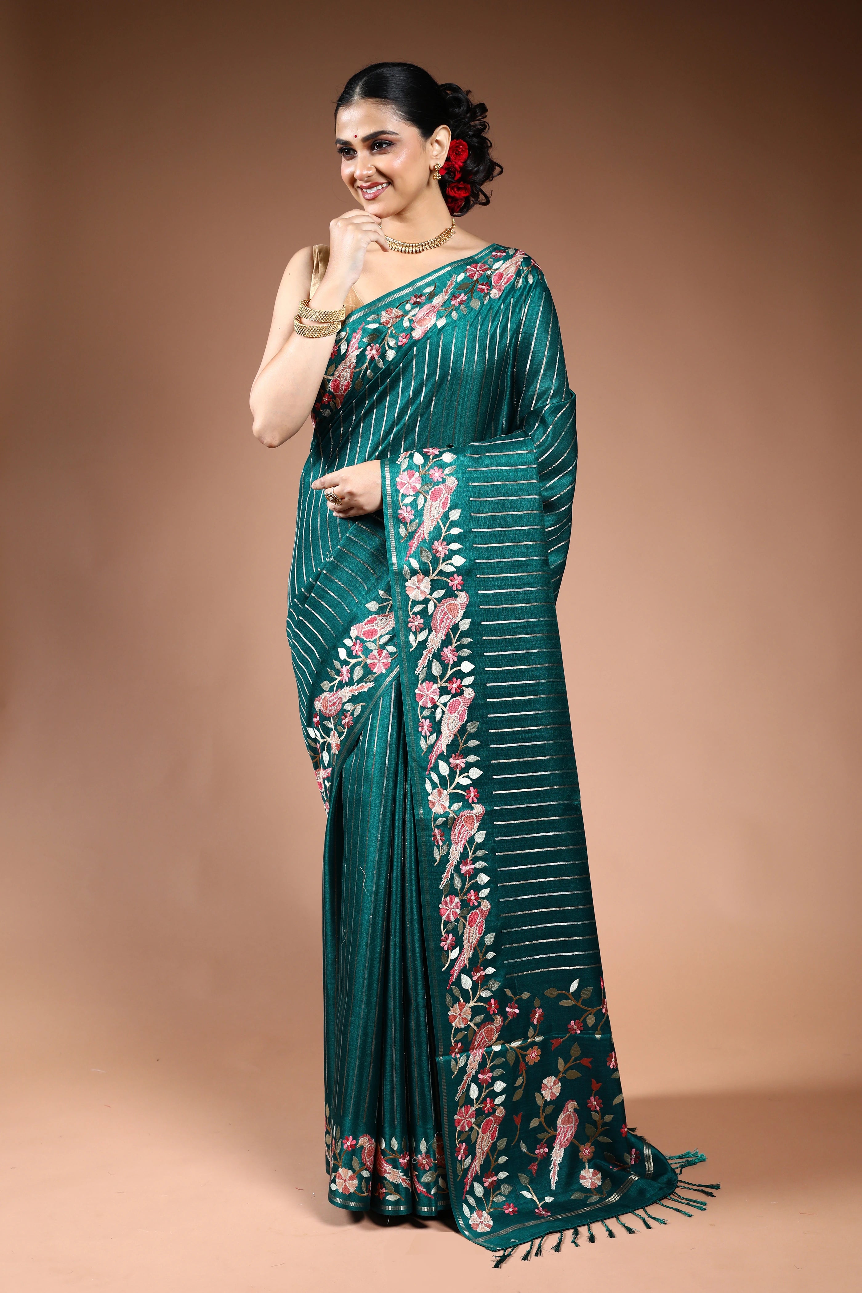 Pine Green Semi Tussar Saree with Blouse Piece