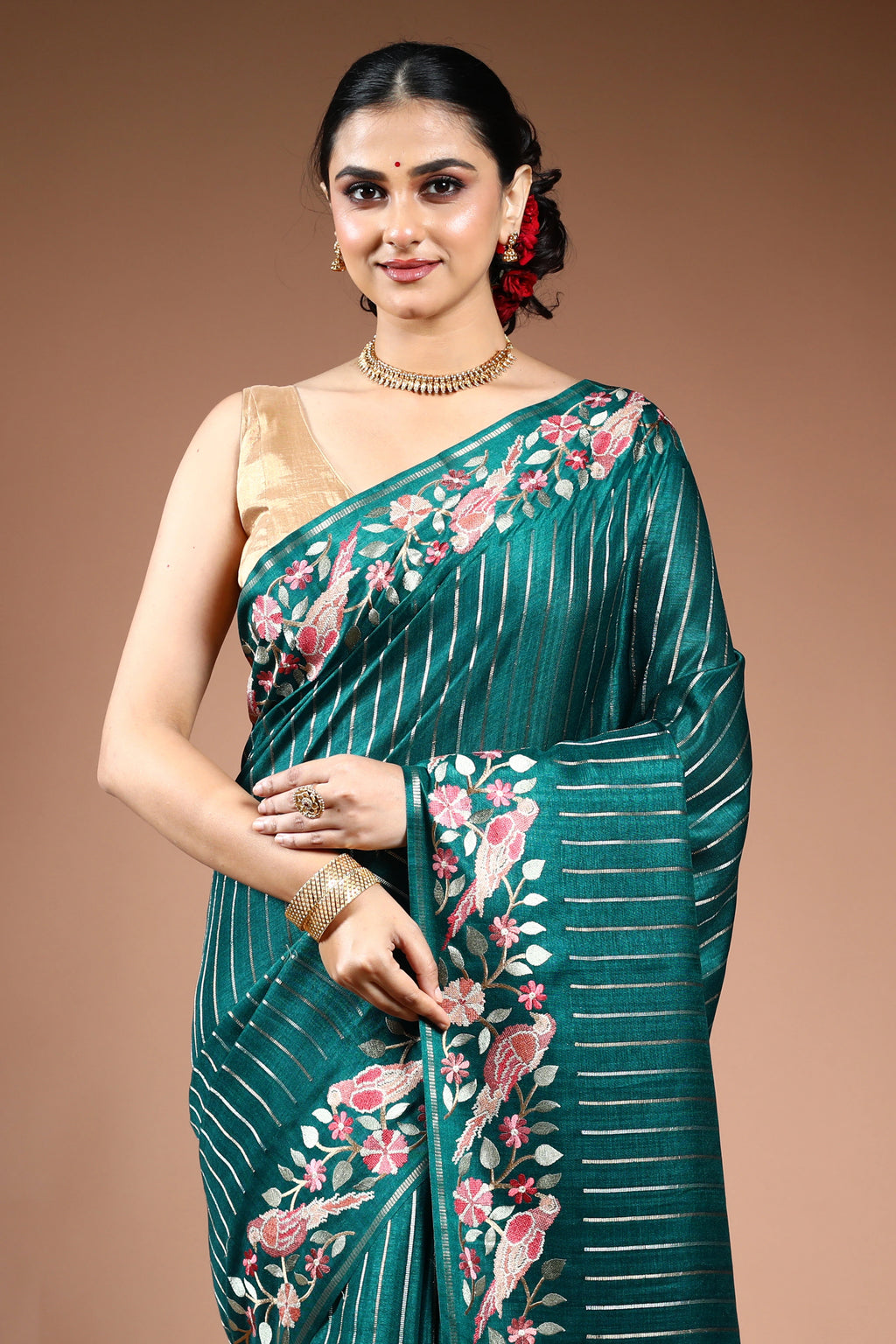 Pine Green Semi Tussar Saree with Blouse Piece