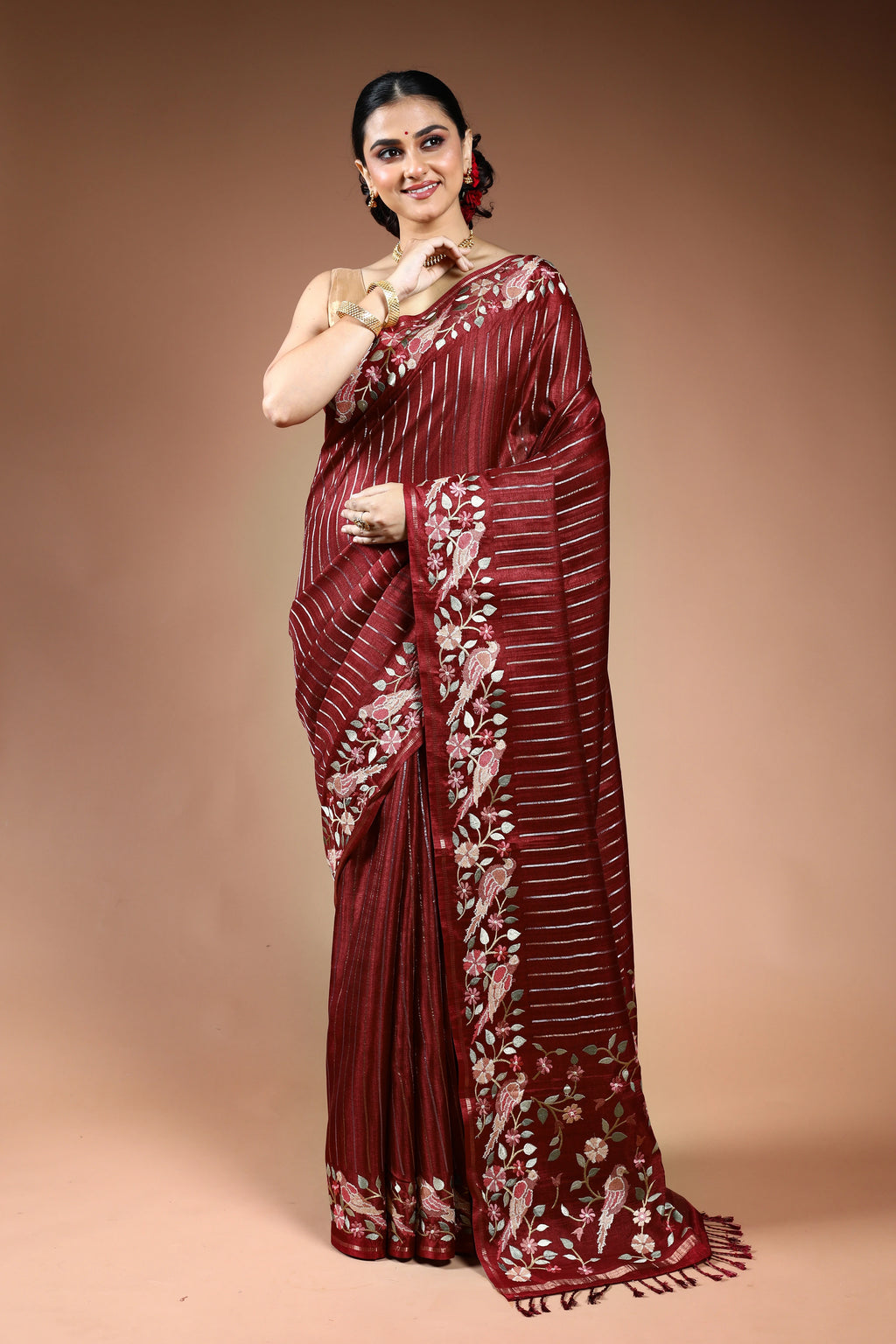Maroon Semi Tussar Saree with Blouse Piece