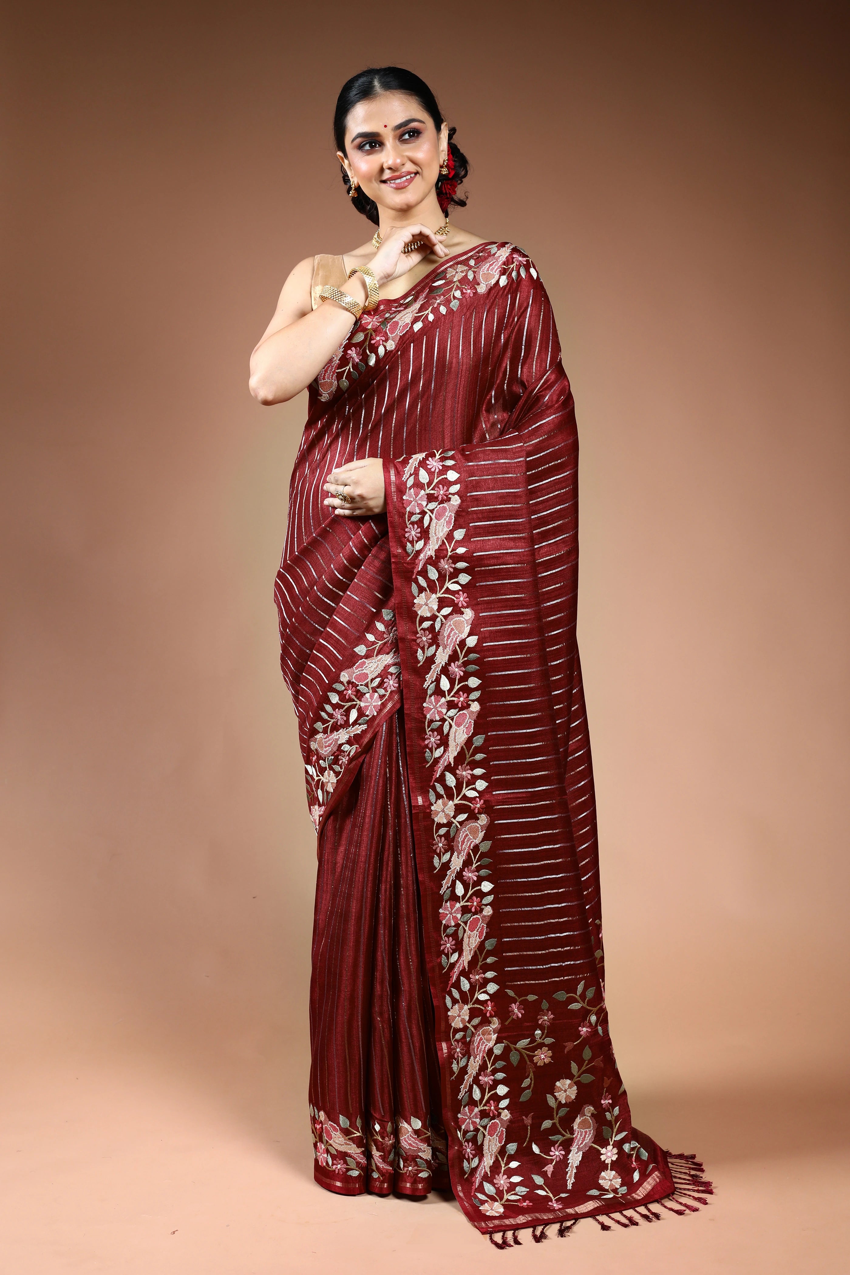 Maroon Semi Tussar Saree with Blouse Piece