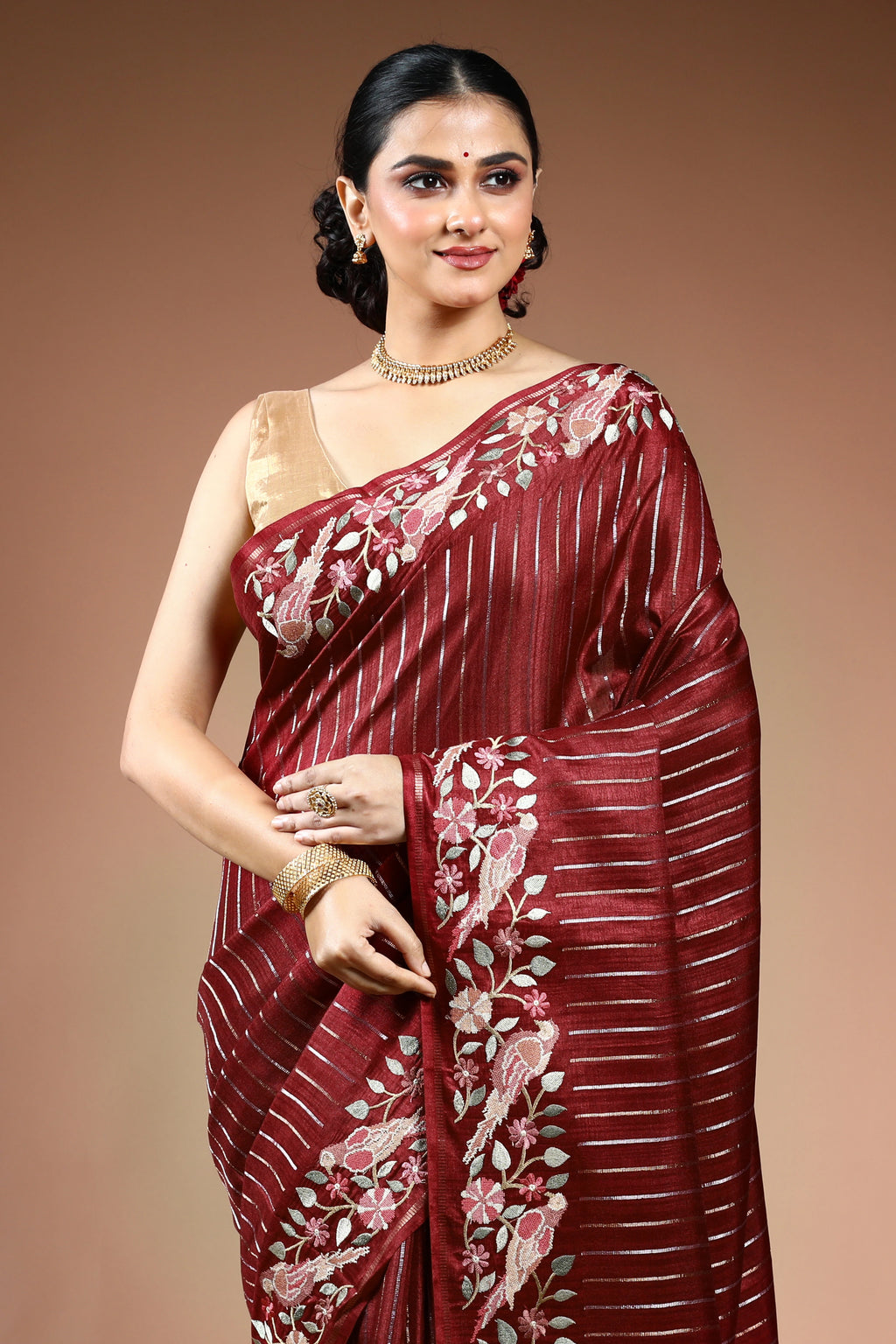 Maroon Semi Tussar Saree with Blouse Piece