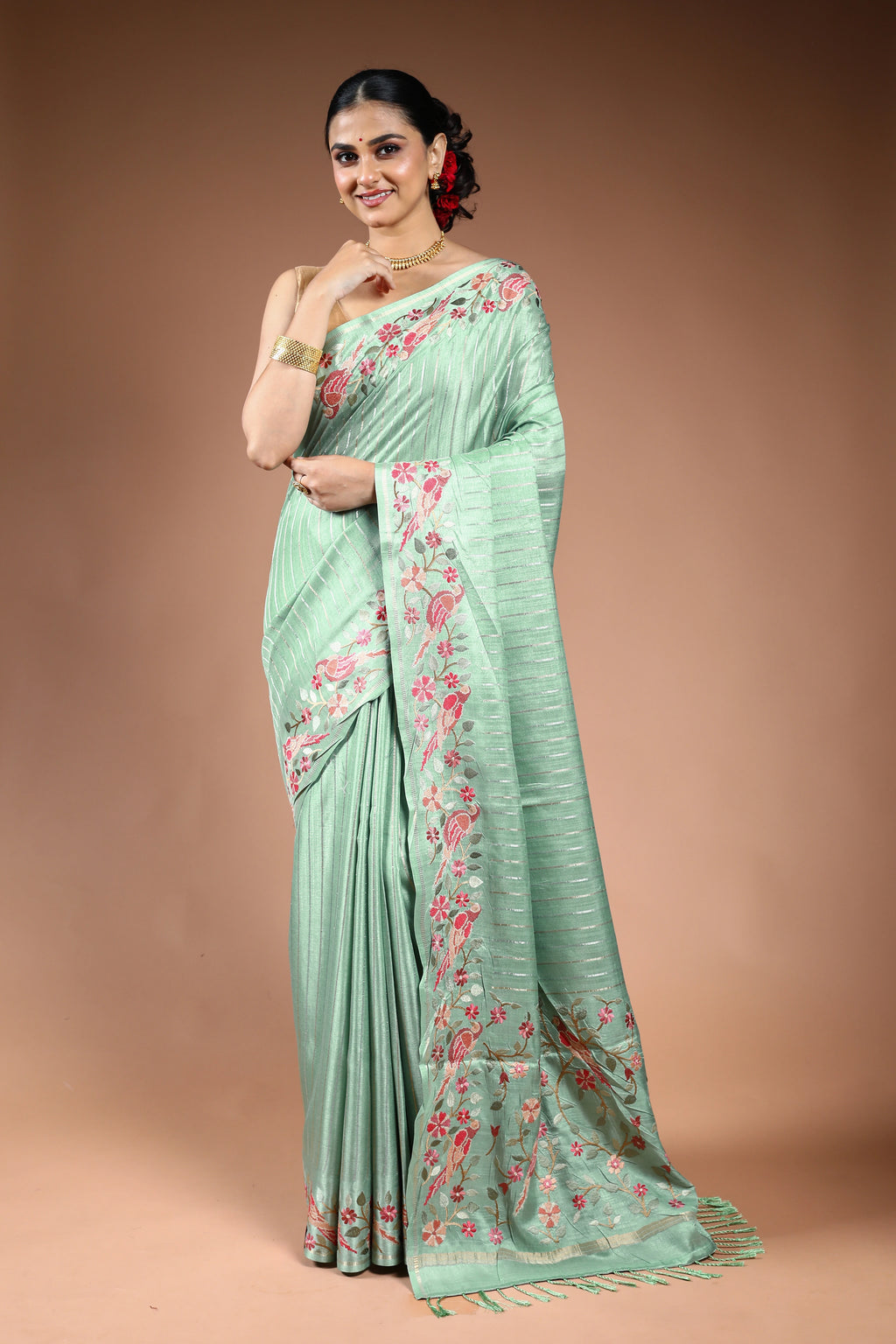 Pista Green Semi Tussar Saree with Blouse Piece