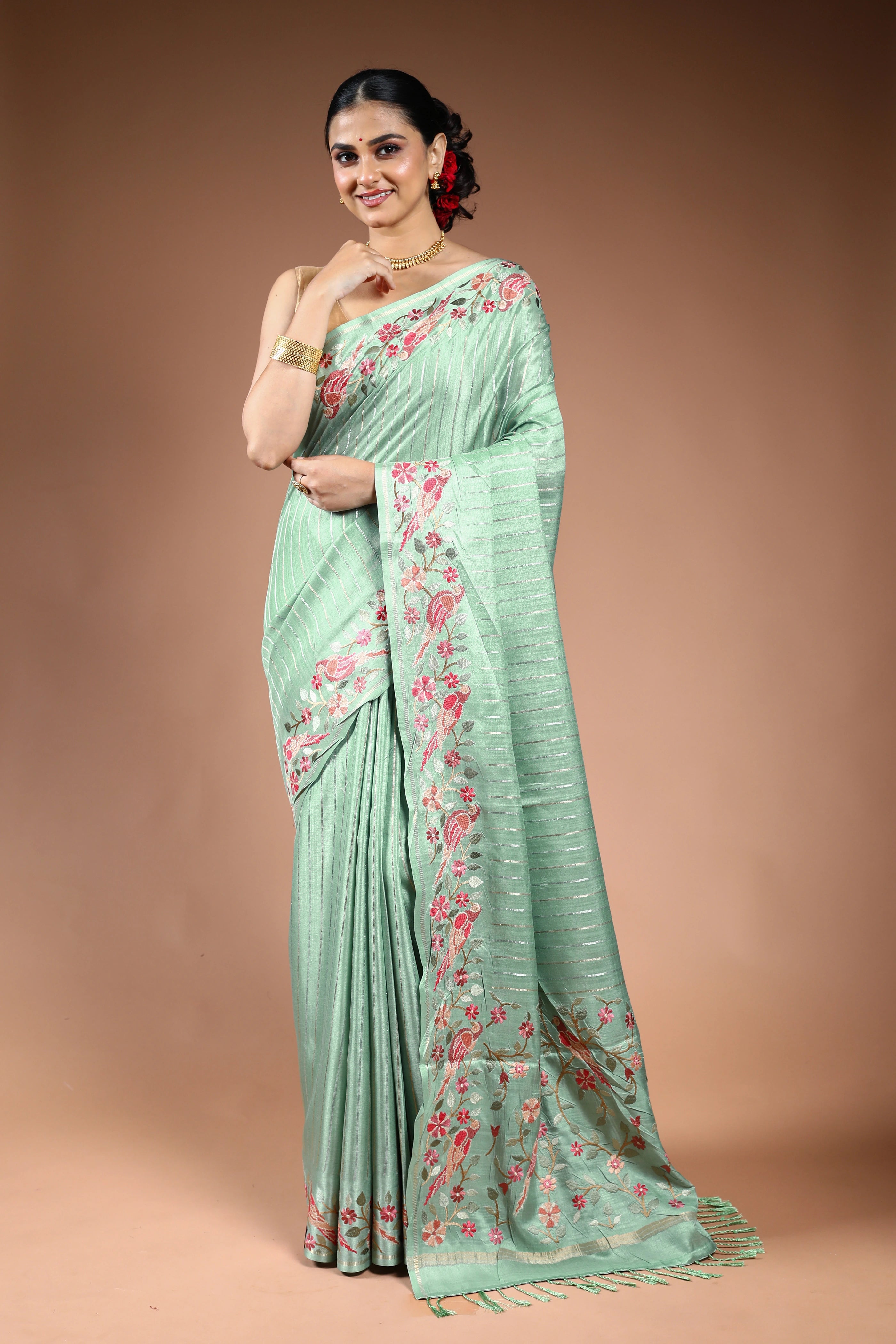 Pista Green Semi Tussar Saree with Blouse Piece