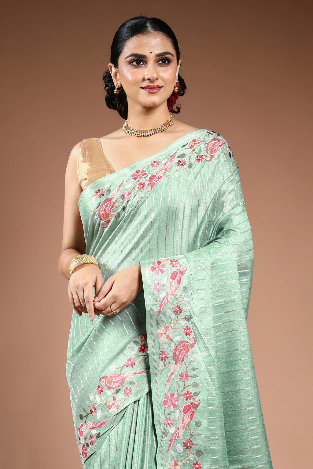 Pista Green Semi Tussar Saree with Blouse Piece