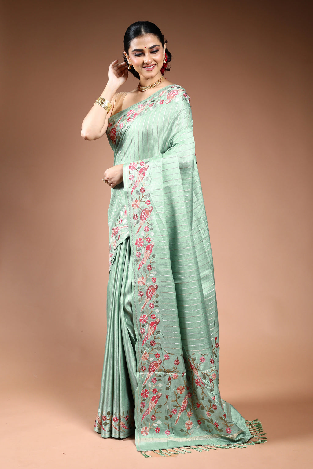 Pista Green Semi Tussar Saree with Blouse Piece