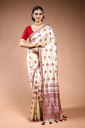Offwhite Maroon Semi Assam Silk Saree with Blouse Piece