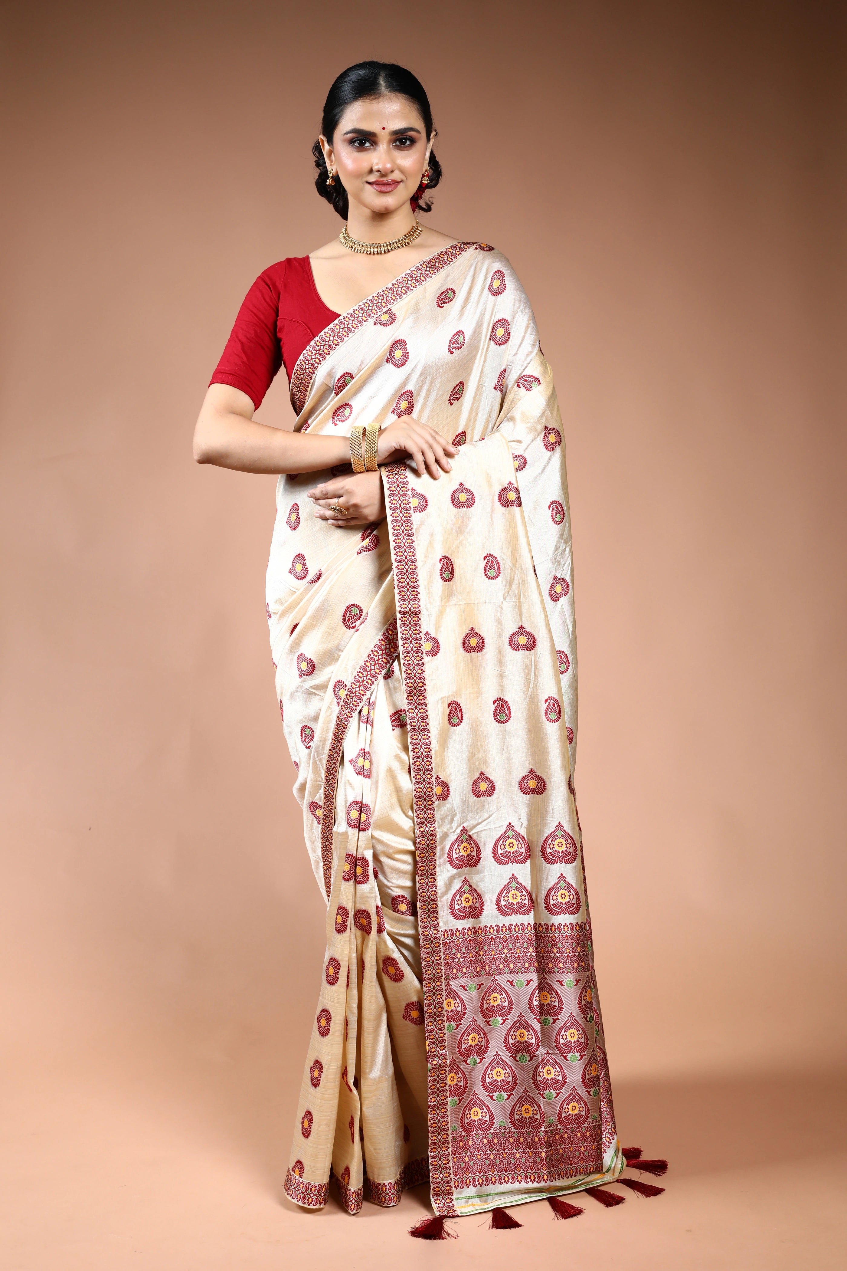 Offwhite Maroon Semi Assam Silk Saree with Blouse Piece