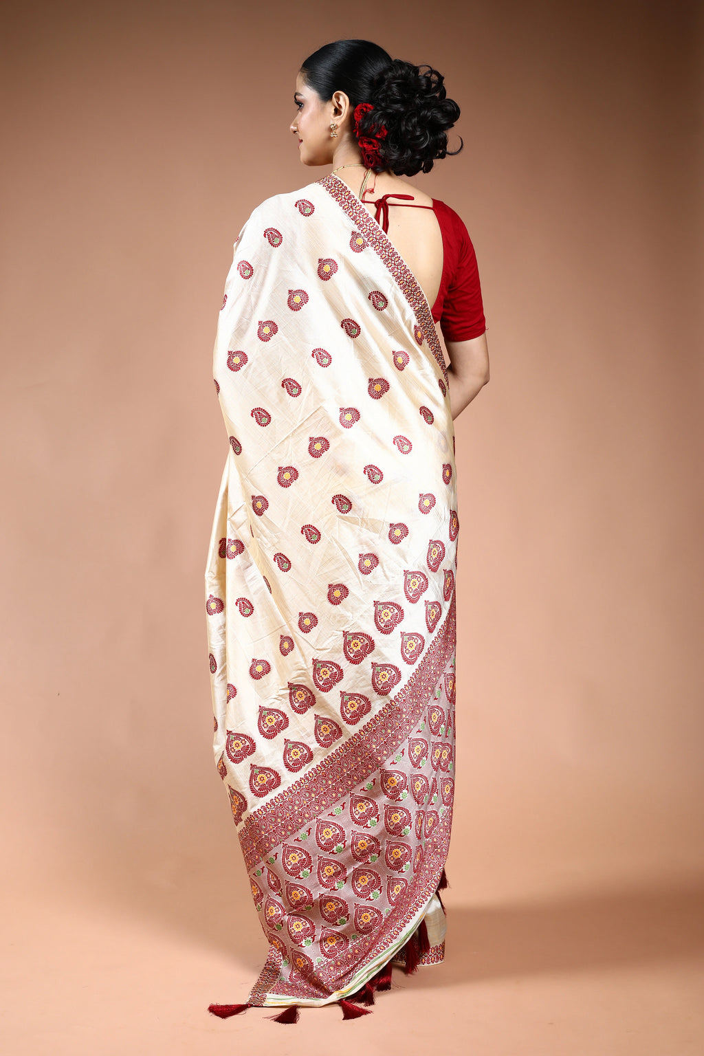 Offwhite Maroon Semi Assam Silk Saree with Blouse Piece