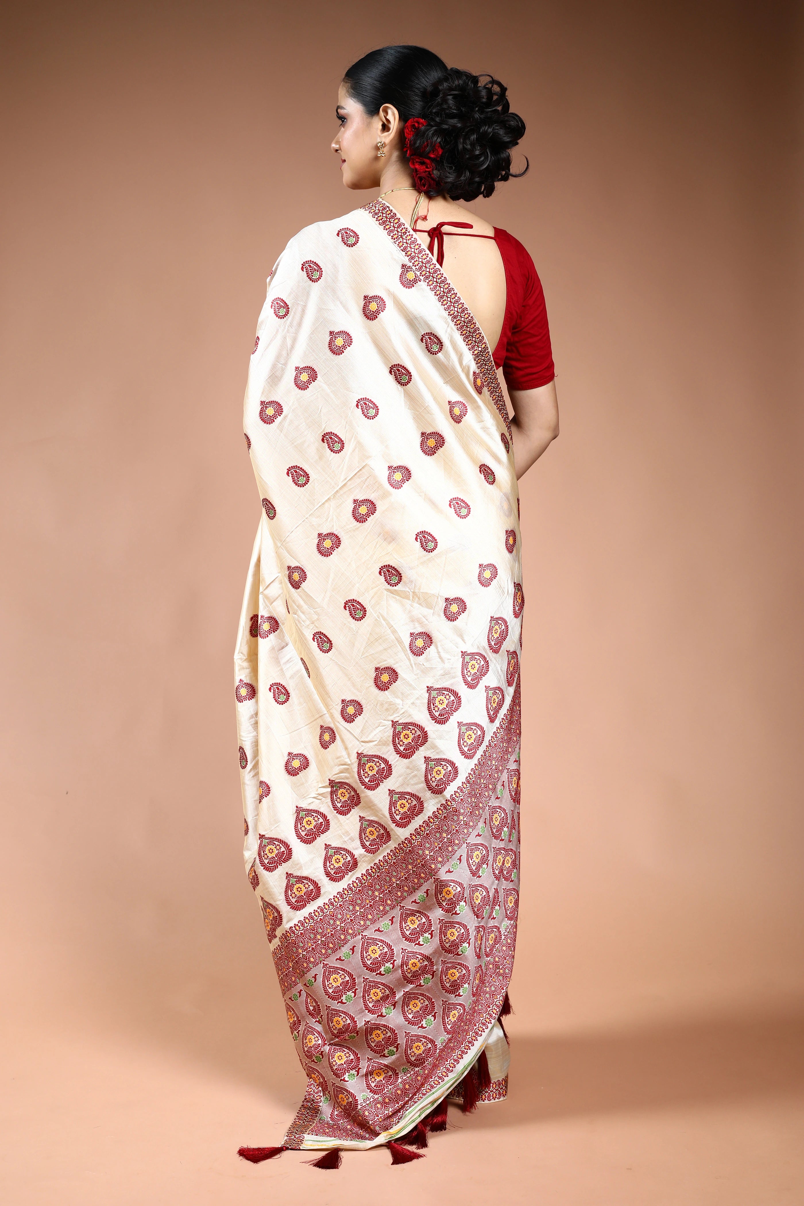 Offwhite Maroon Semi Assam Silk Saree with Blouse Piece