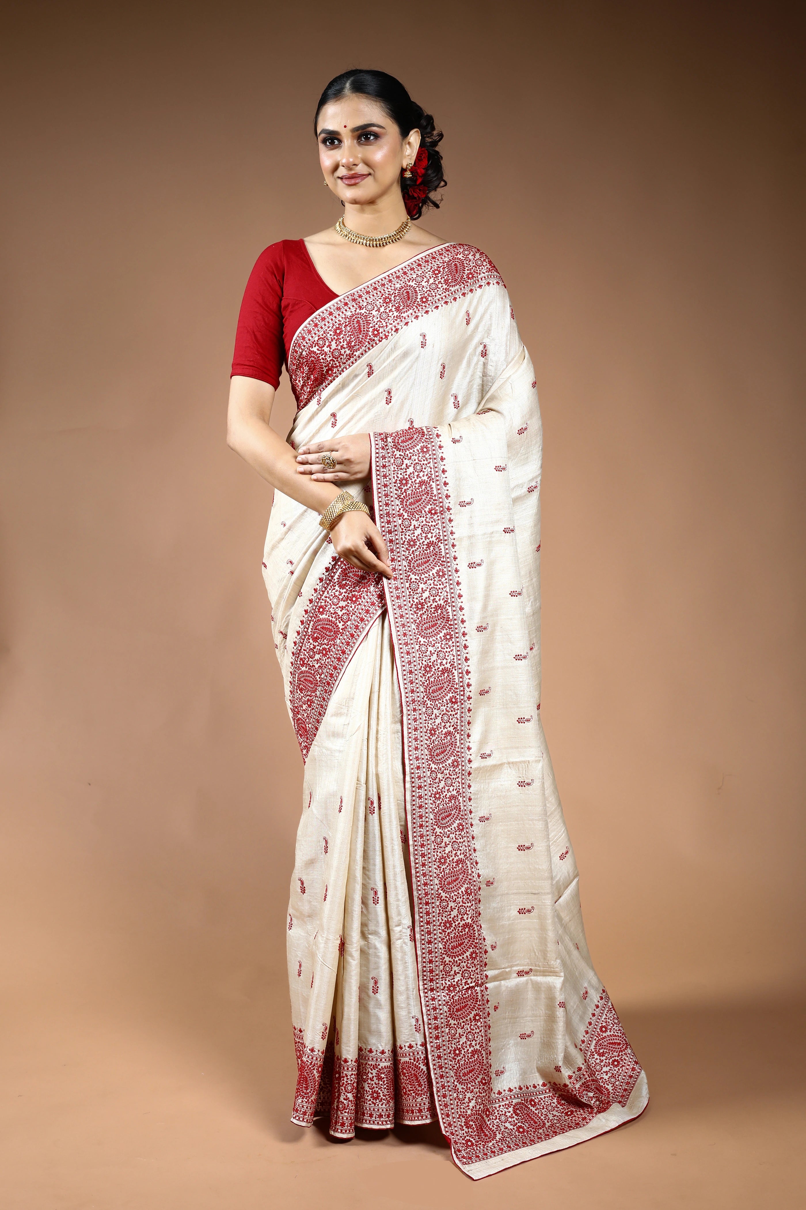 Red & White Pure Tussar Saree with Blouse Piece