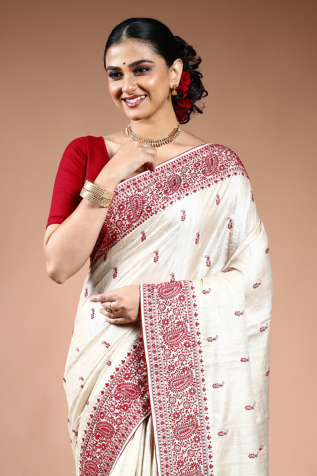 Red & White Pure Tussar Saree with Blouse Piece