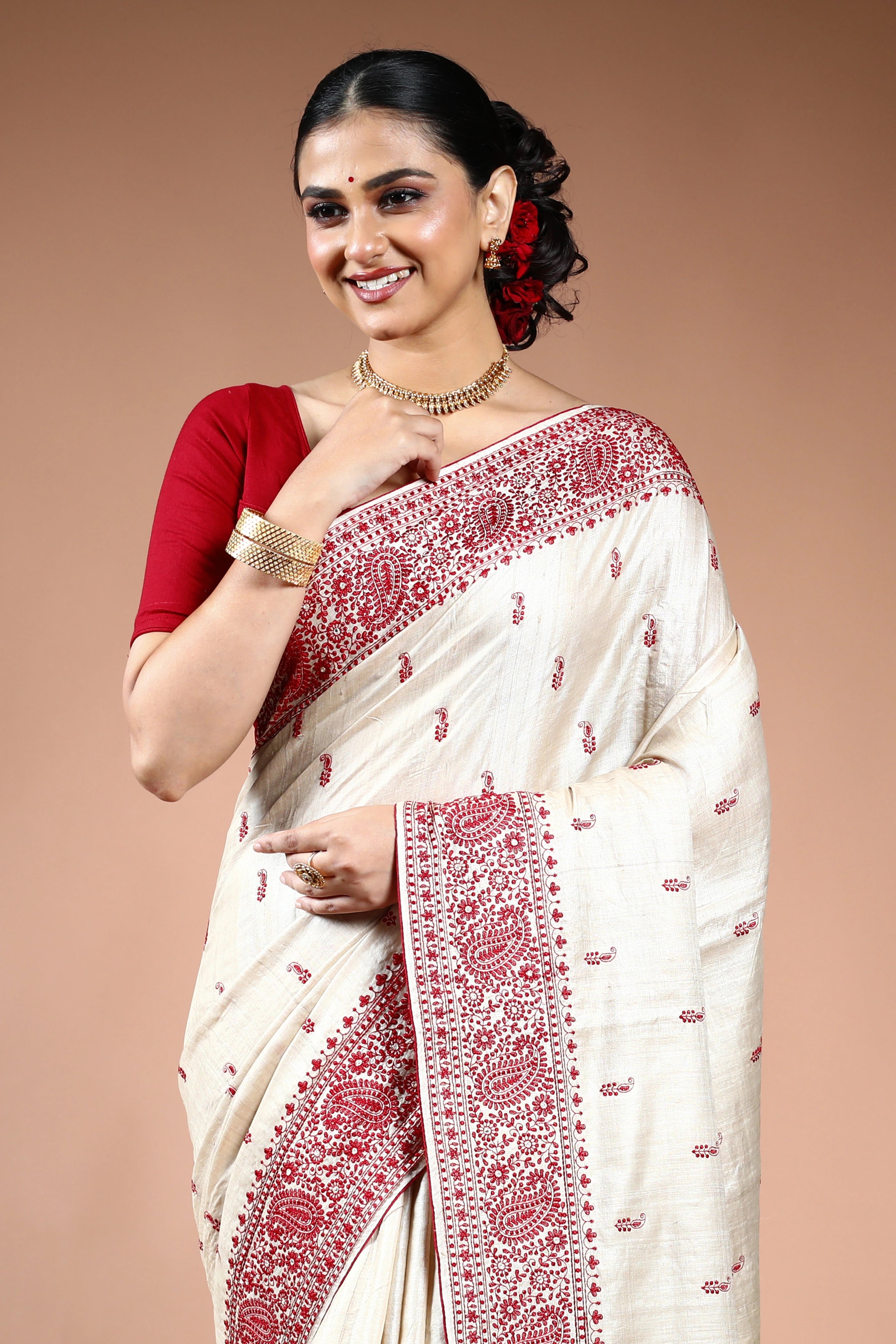 Red & White Pure Tussar Saree with Blouse Piece