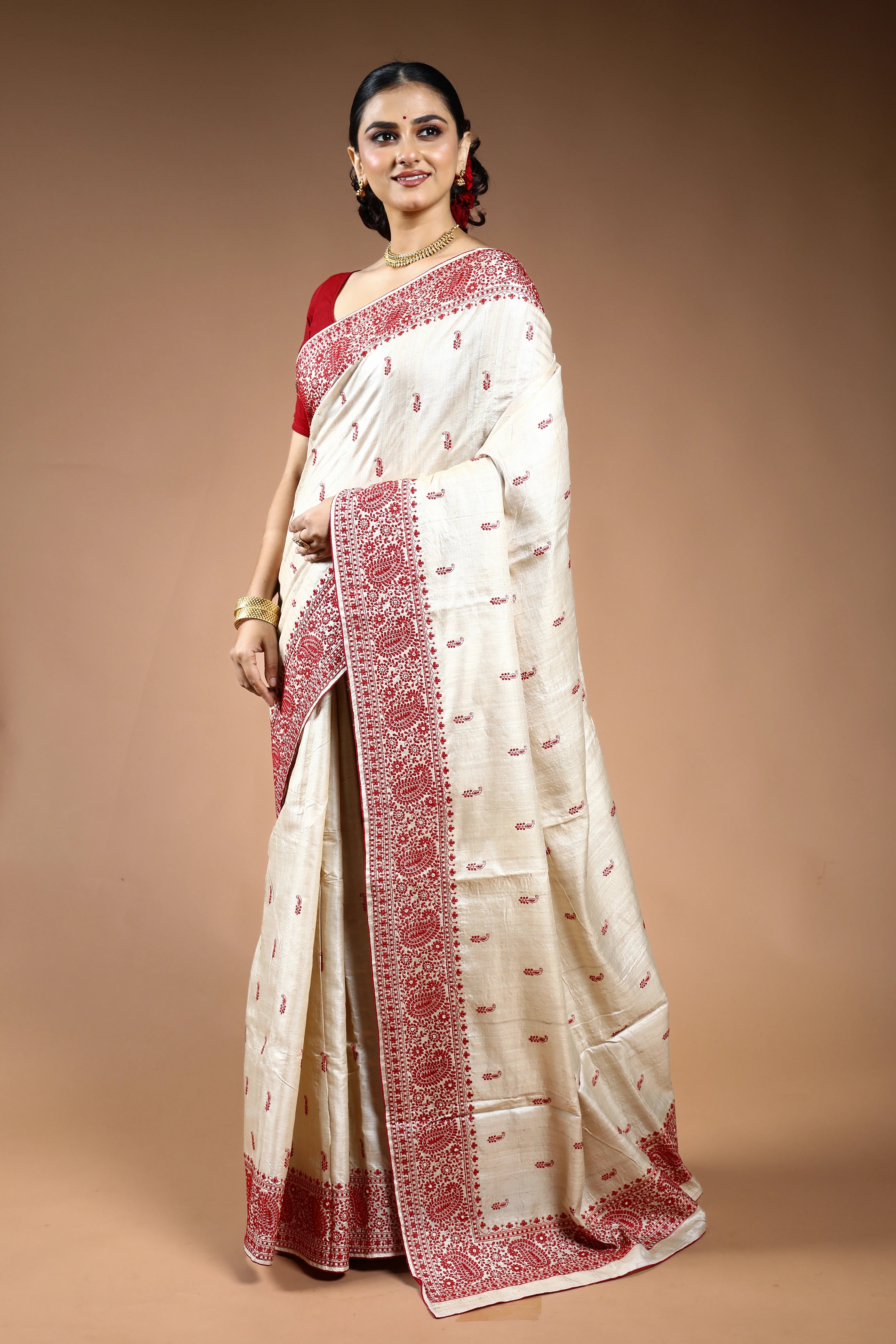 Red & White Pure Tussar Saree with Blouse Piece