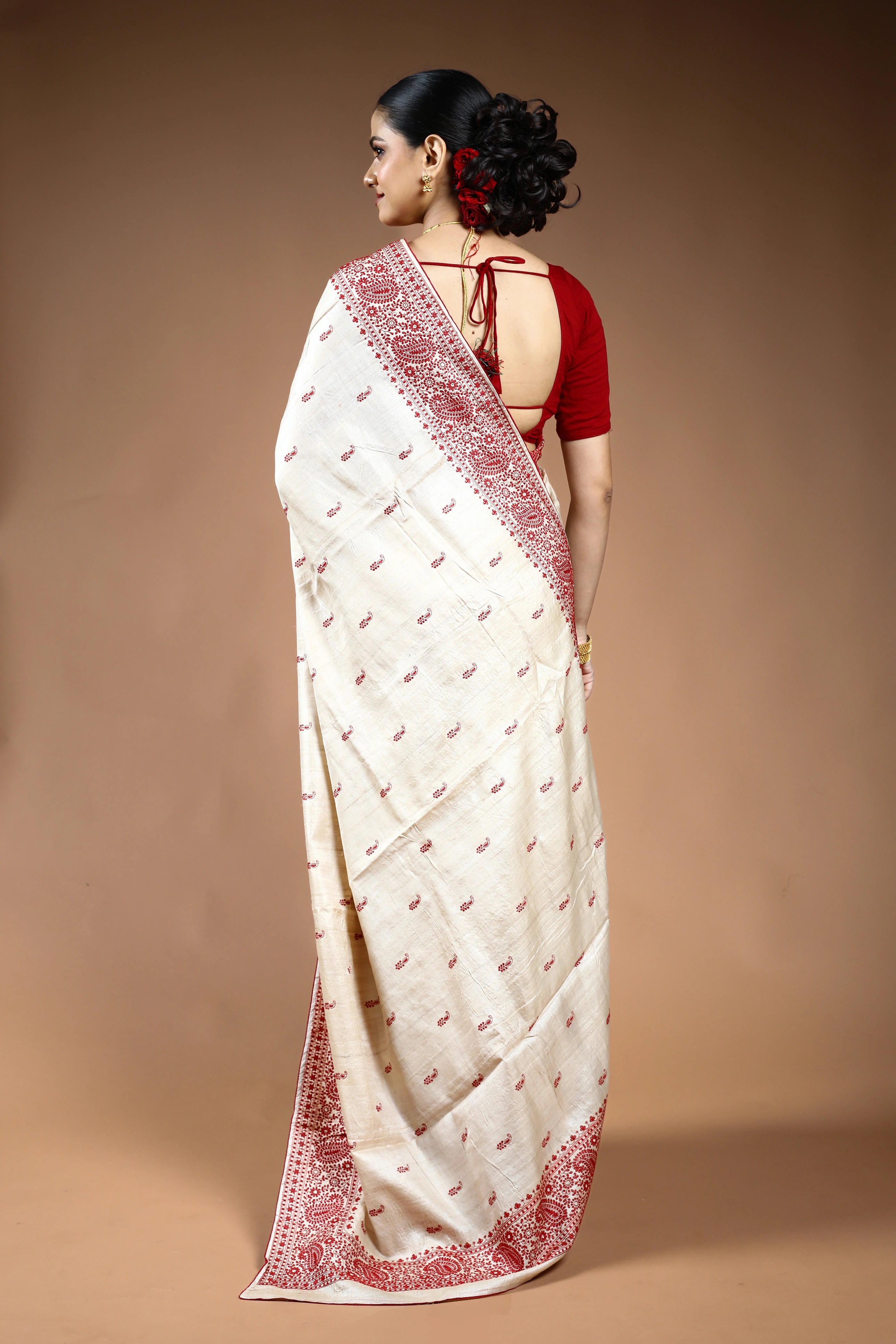 Red & White Pure Tussar Saree with Blouse Piece