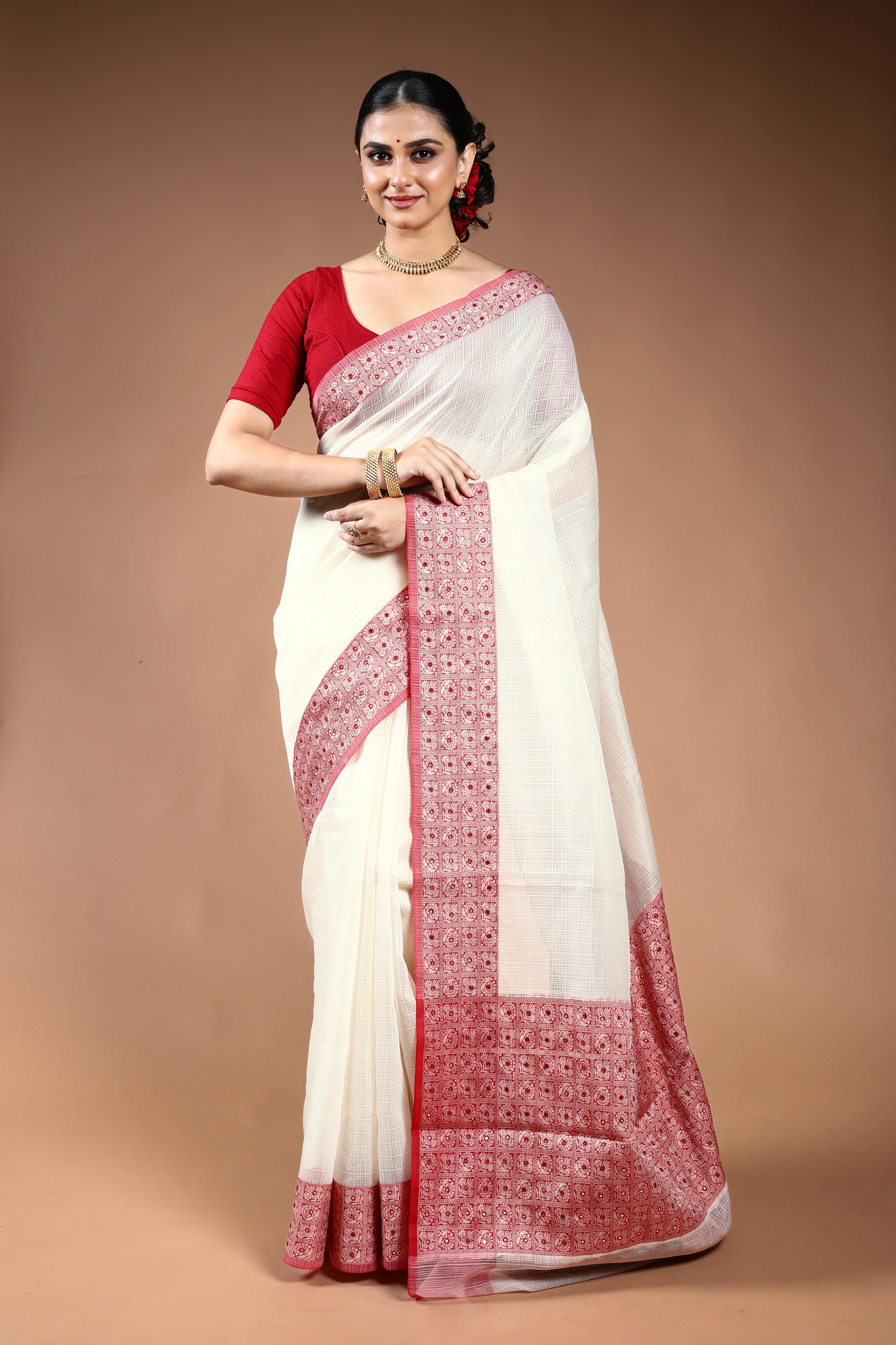 Red & White Silk Kota Saree with Blouse Piece