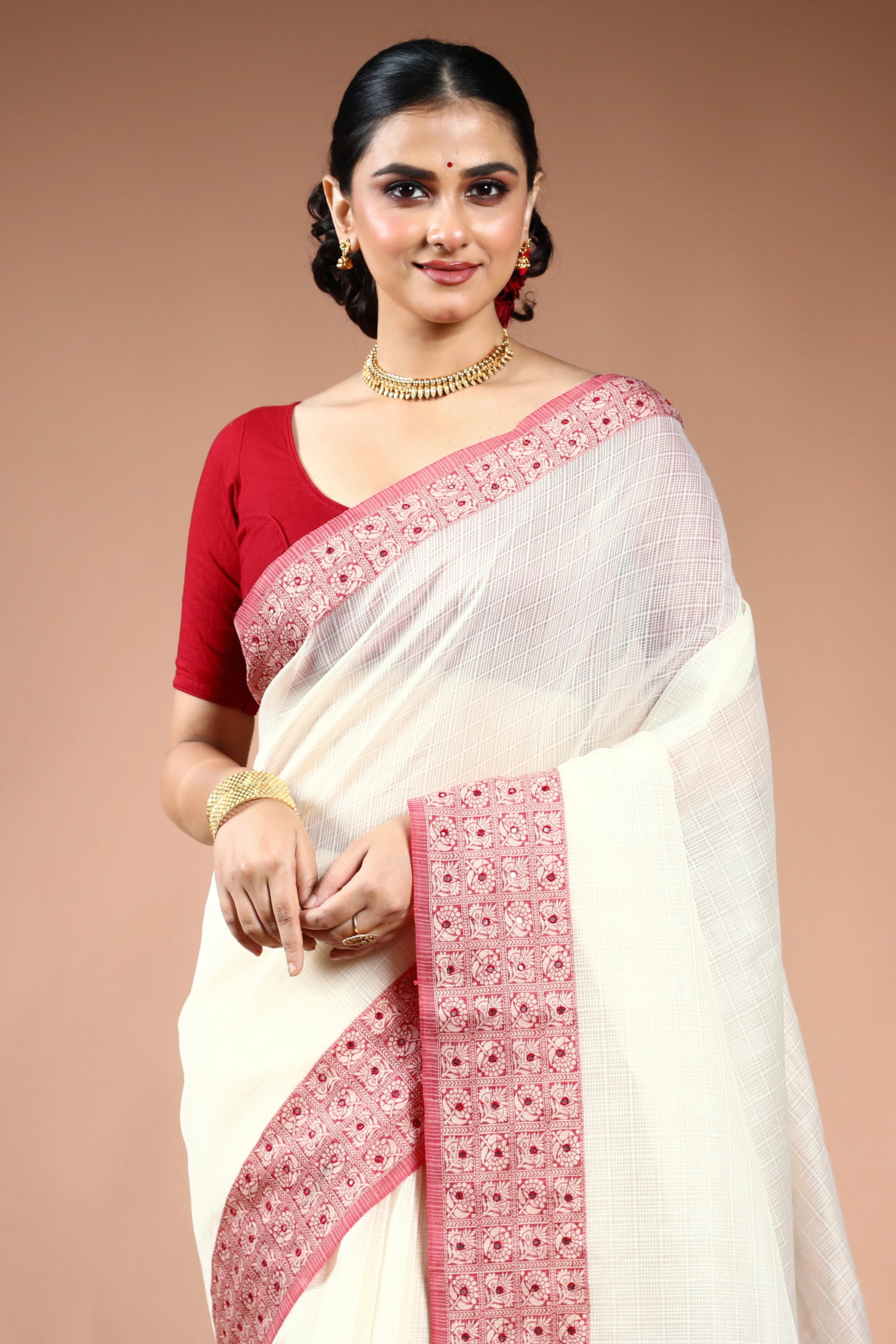 Red & White Silk Kota Saree with Blouse Piece