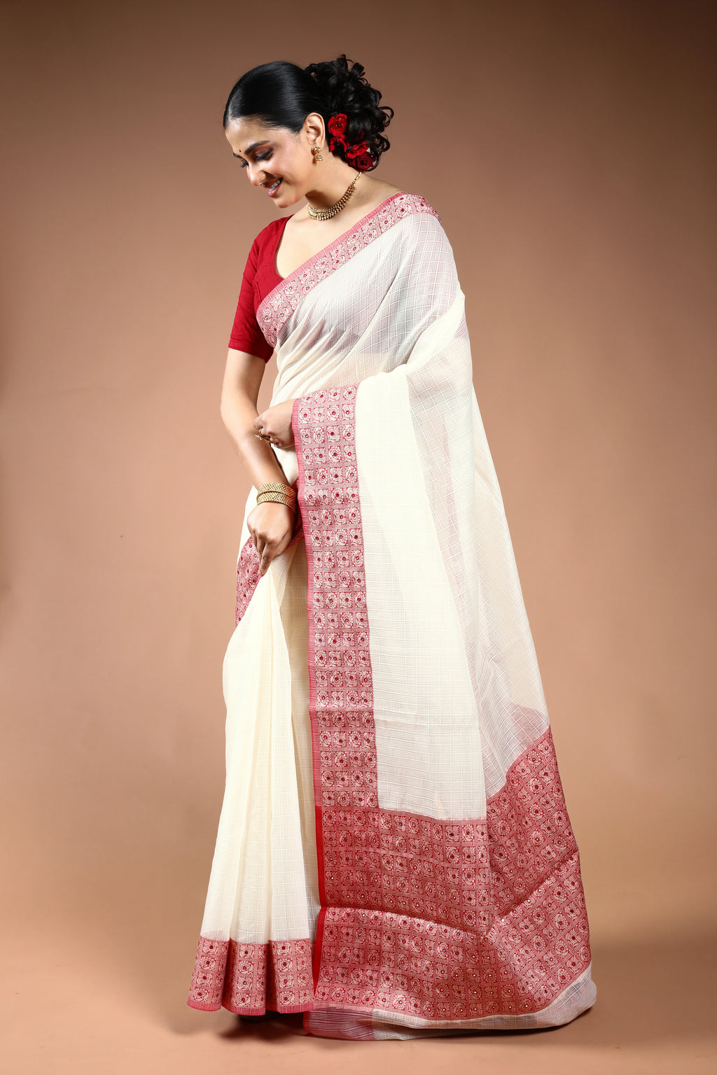 Red & White Silk Kota Saree with Blouse Piece