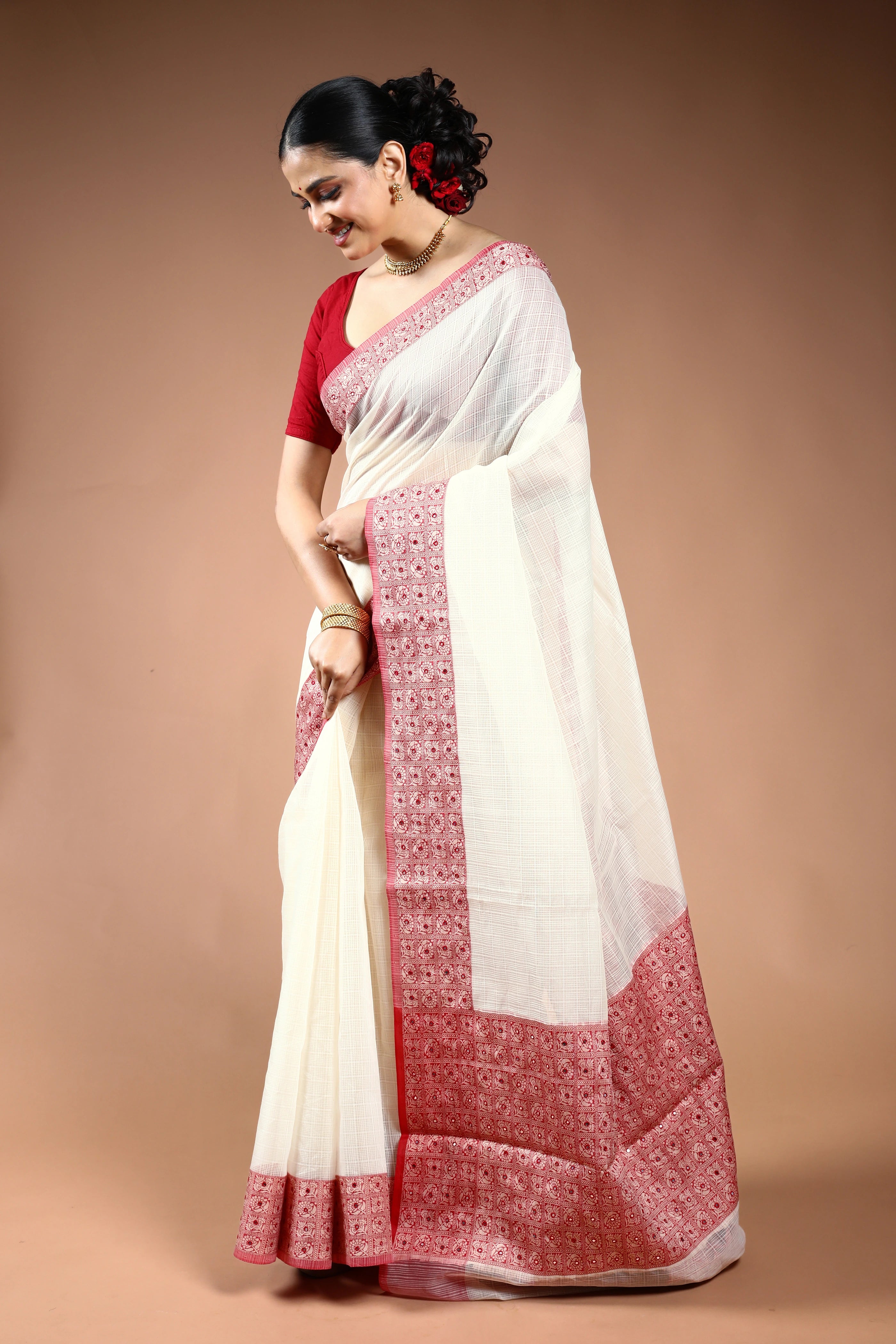 Red & White Silk Kota Saree with Blouse Piece