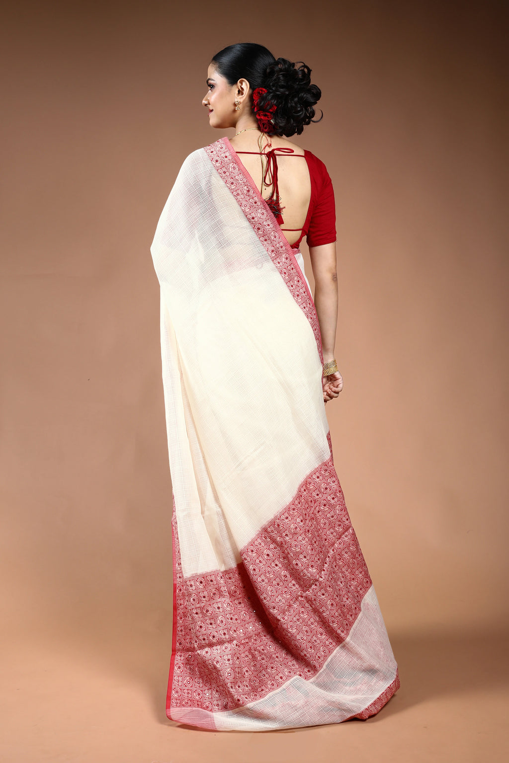 Red & White Silk Kota Saree with Blouse Piece