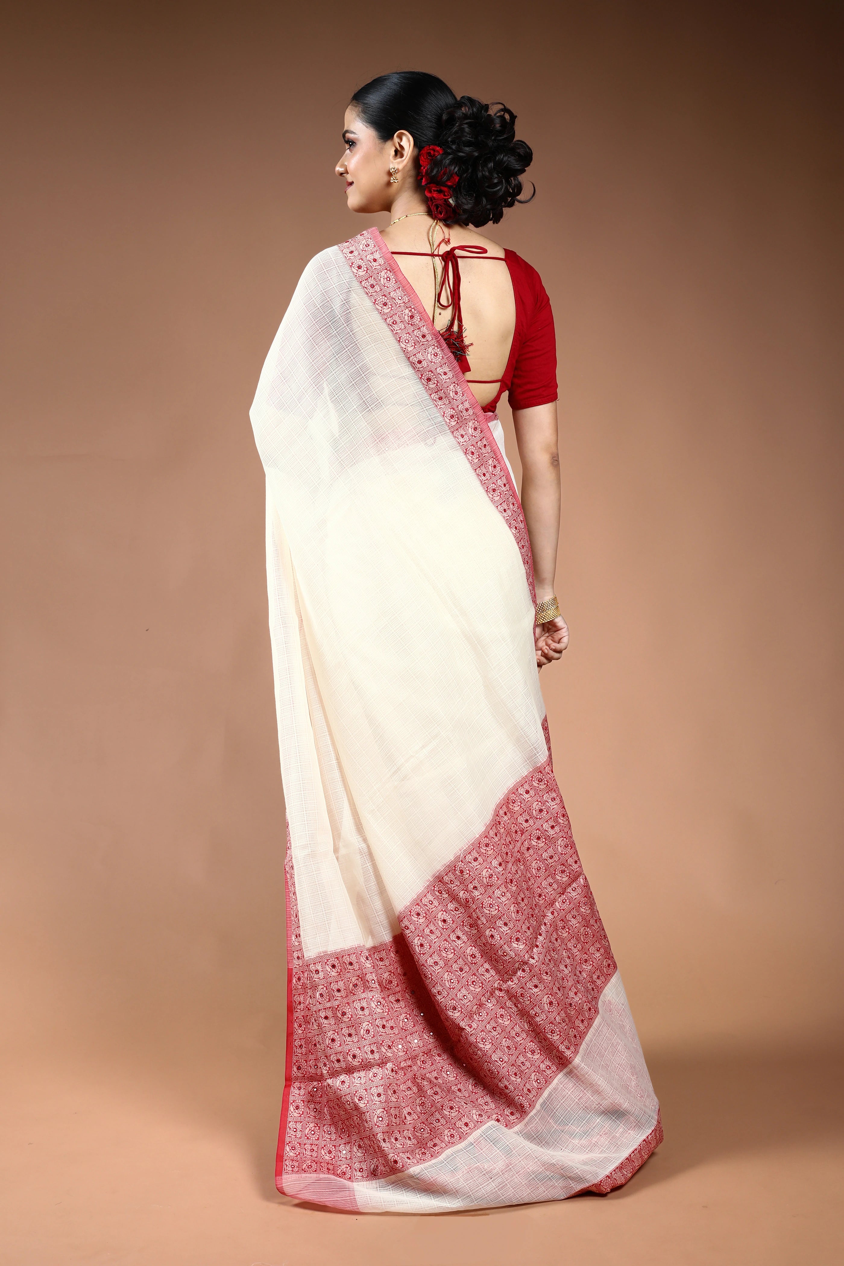 Red & White Silk Kota Saree with Blouse Piece