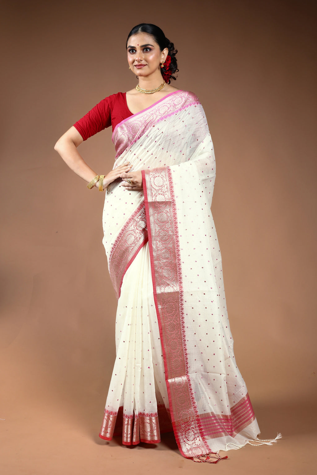 Red & White Semi Tissue Saree with Blouse Piece