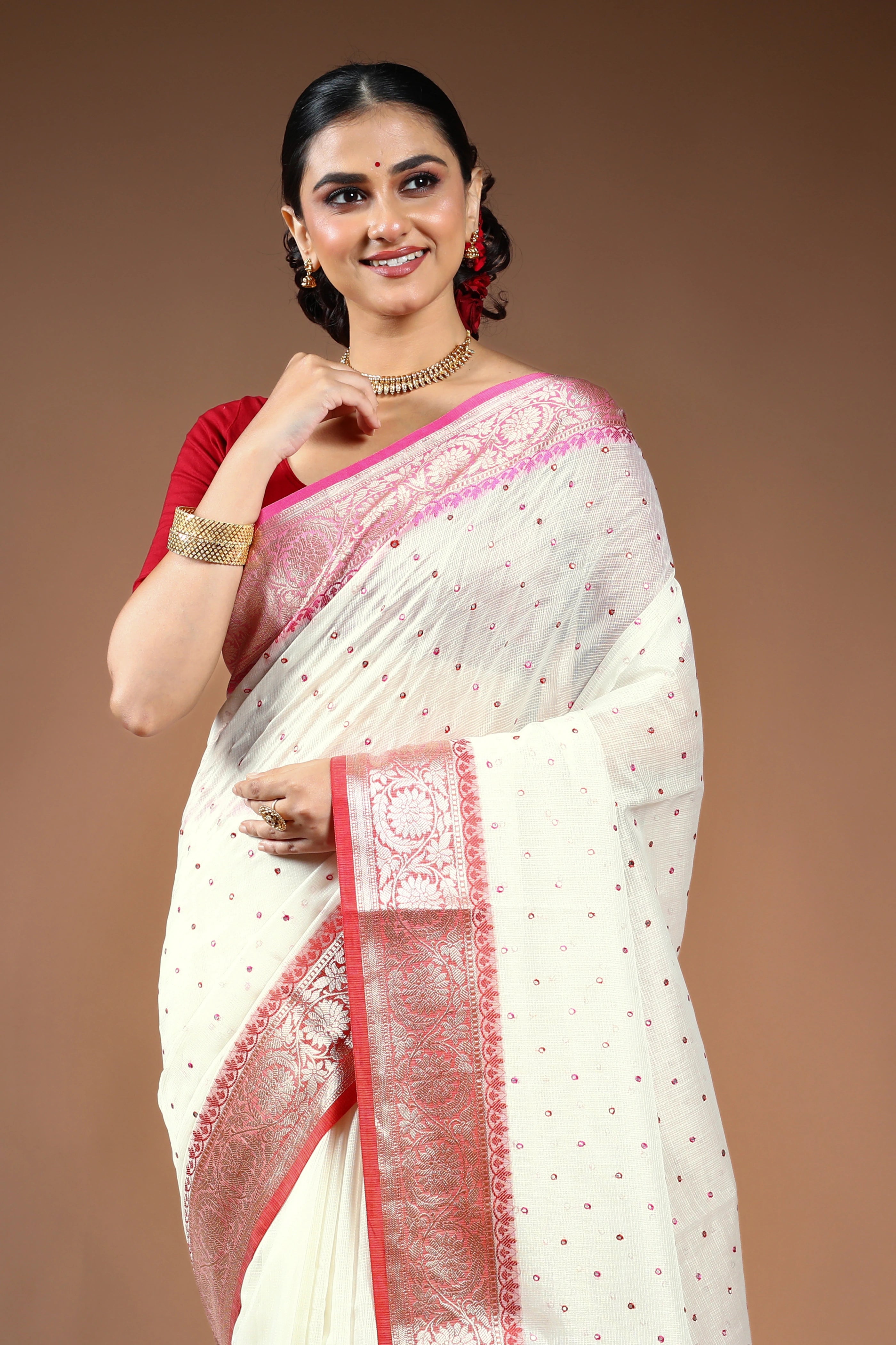Red & White Semi Tissue Saree with Blouse Piece