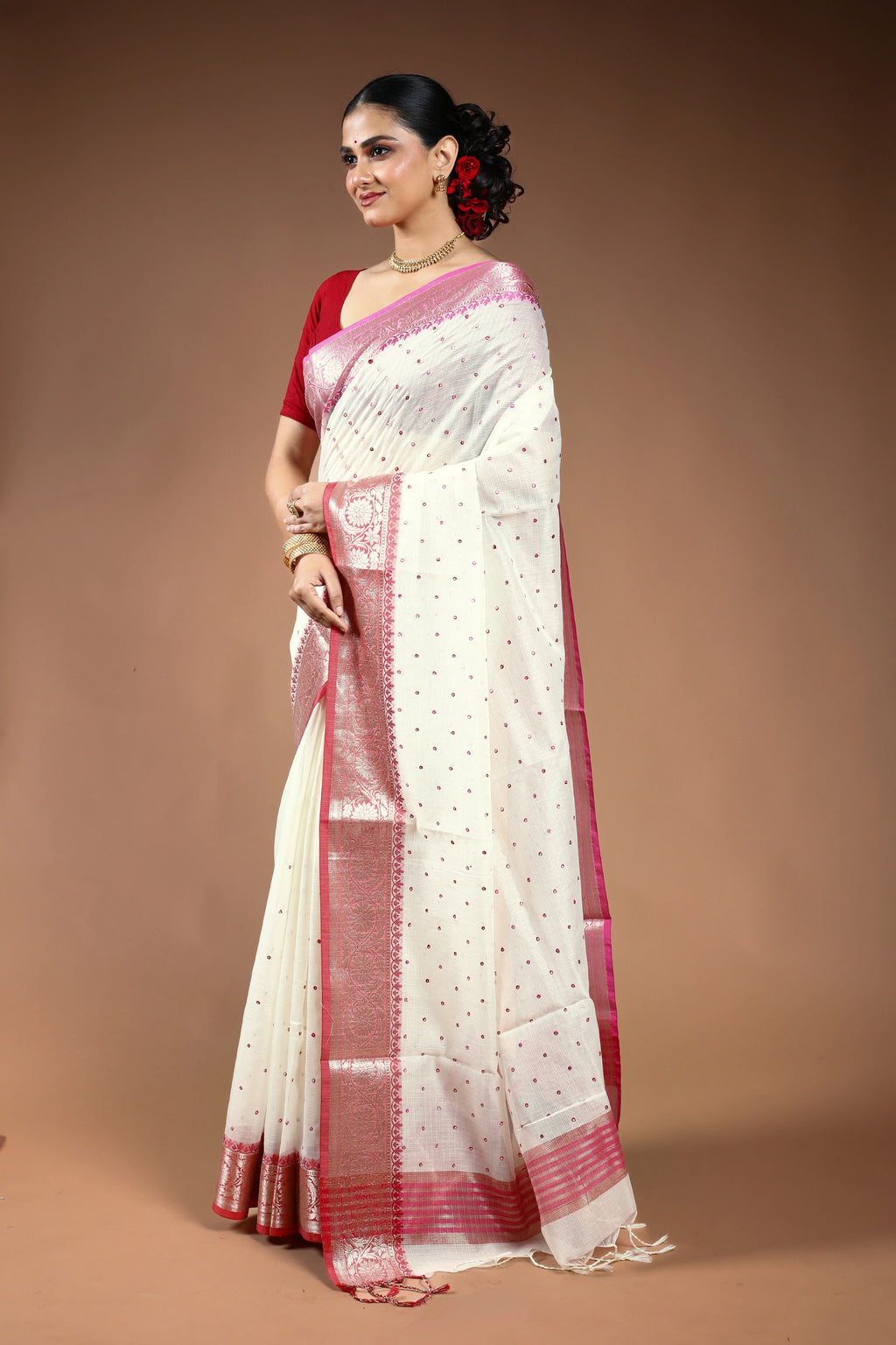 Red & White Semi Tissue Saree with Blouse Piece