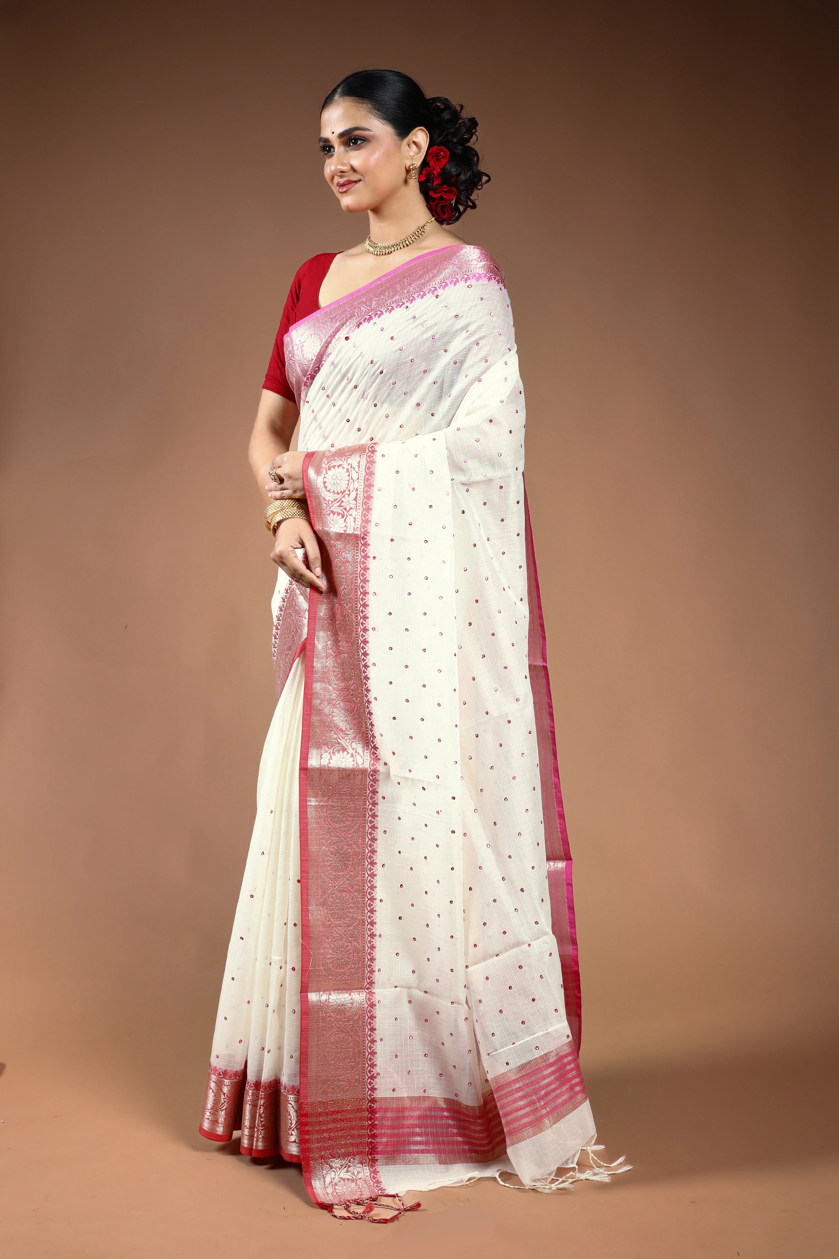 Red & White Semi Tissue Saree with Blouse Piece