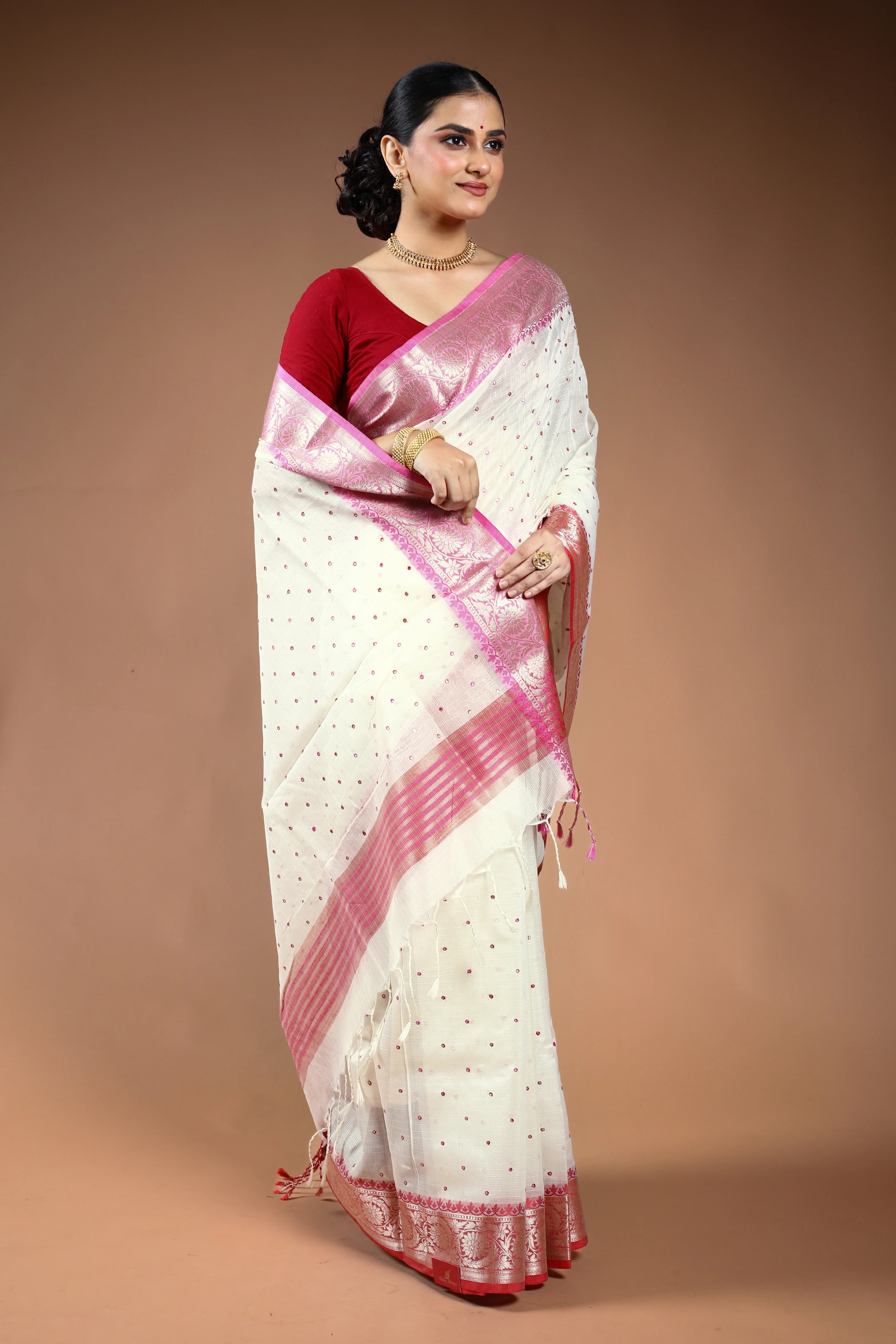 Red & White Semi Tissue Saree with Blouse Piece