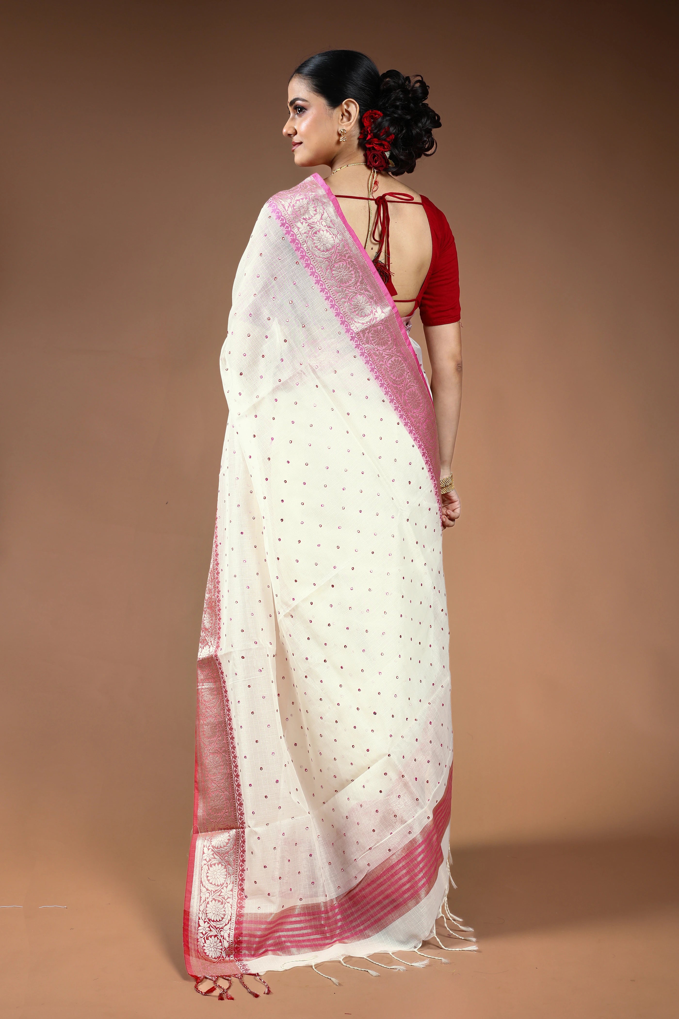Red & White Semi Tissue Saree with Blouse Piece