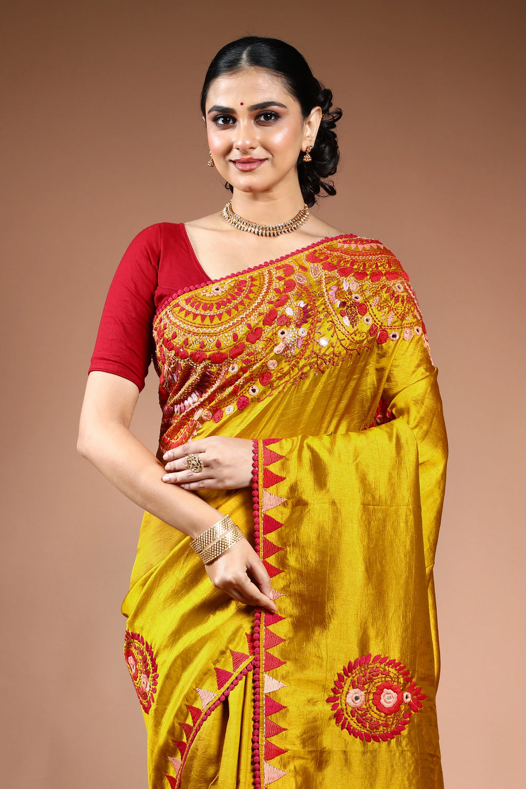 Mustard Yellow Semi Silk Fusion Saree with Blouse Piece
