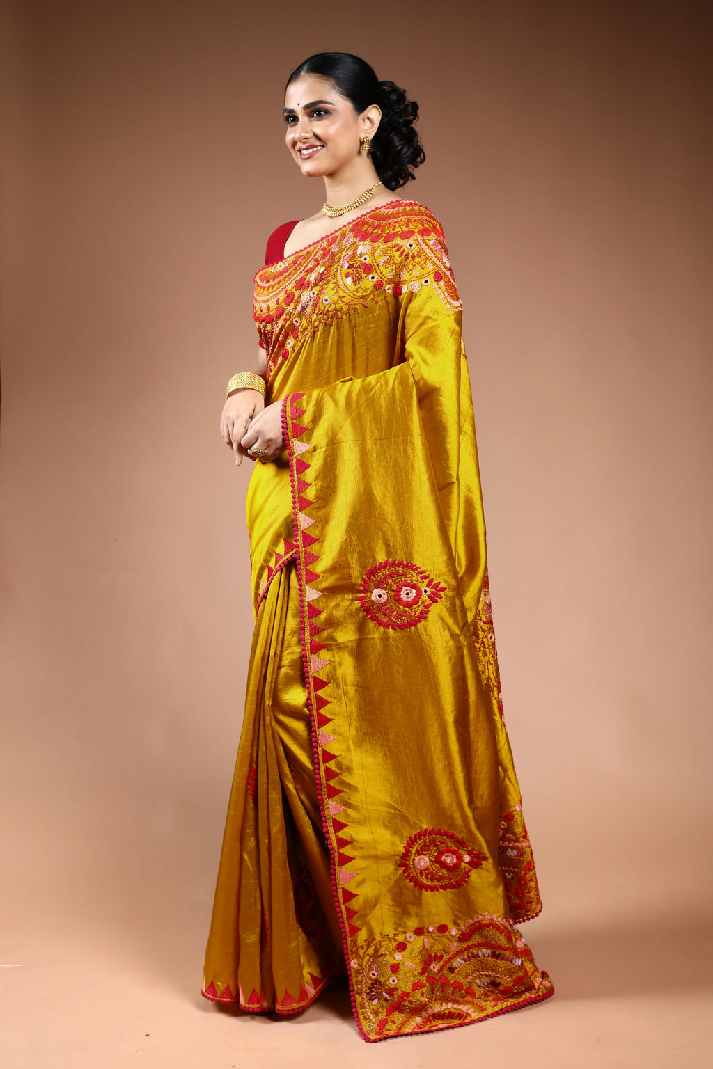 Mustard Yellow Semi Silk Fusion Saree with Blouse Piece