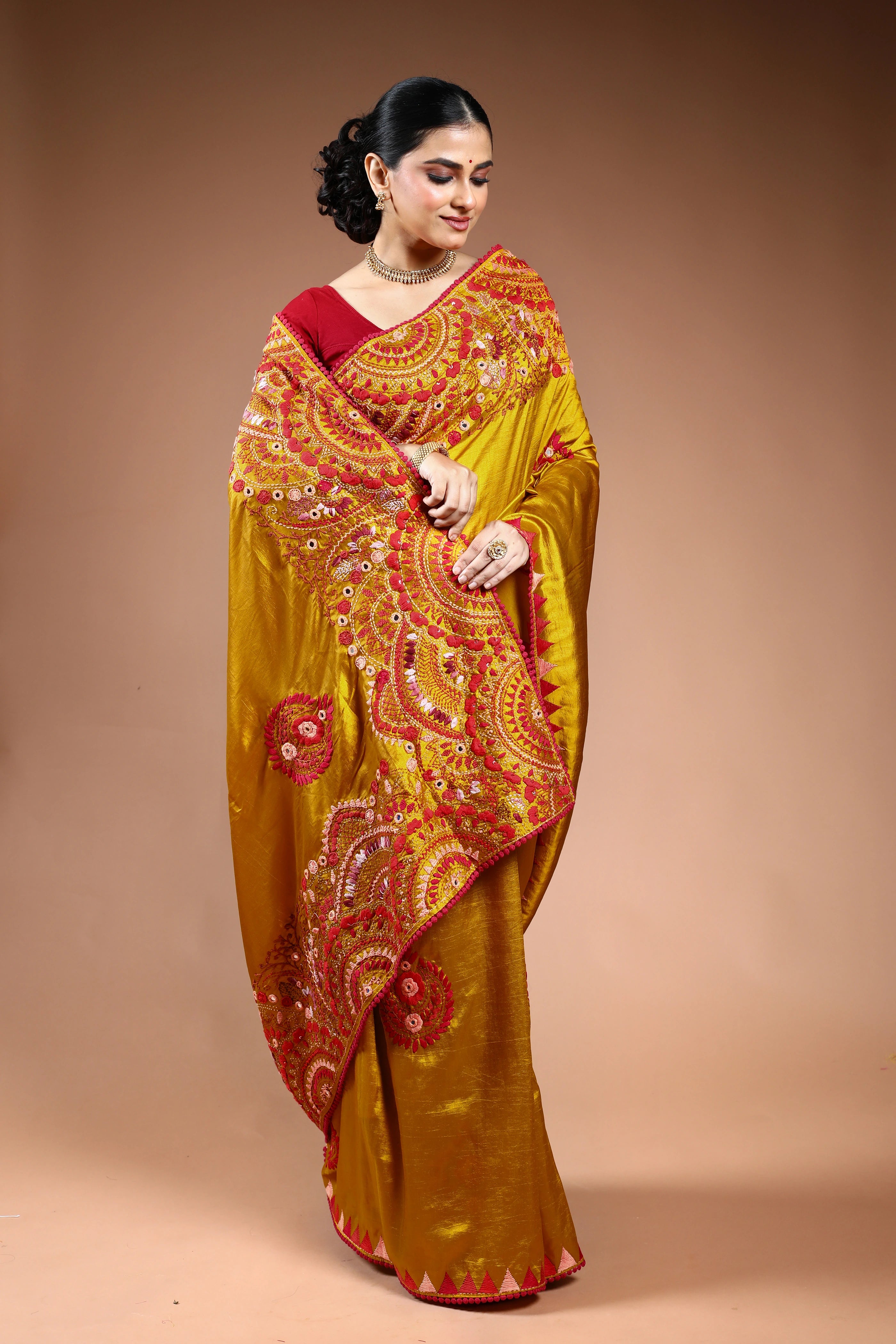 Mustard Yellow Semi Silk Fusion Saree with Blouse Piece
