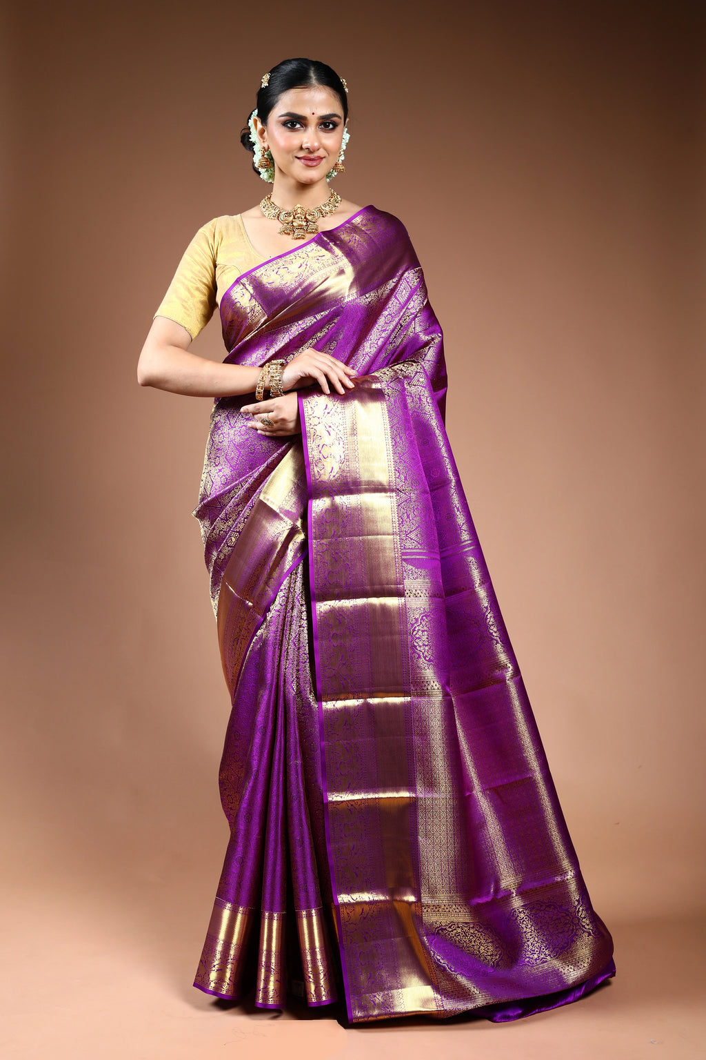 Purple Brocade Kanjivaram Saree with Blouse Piece