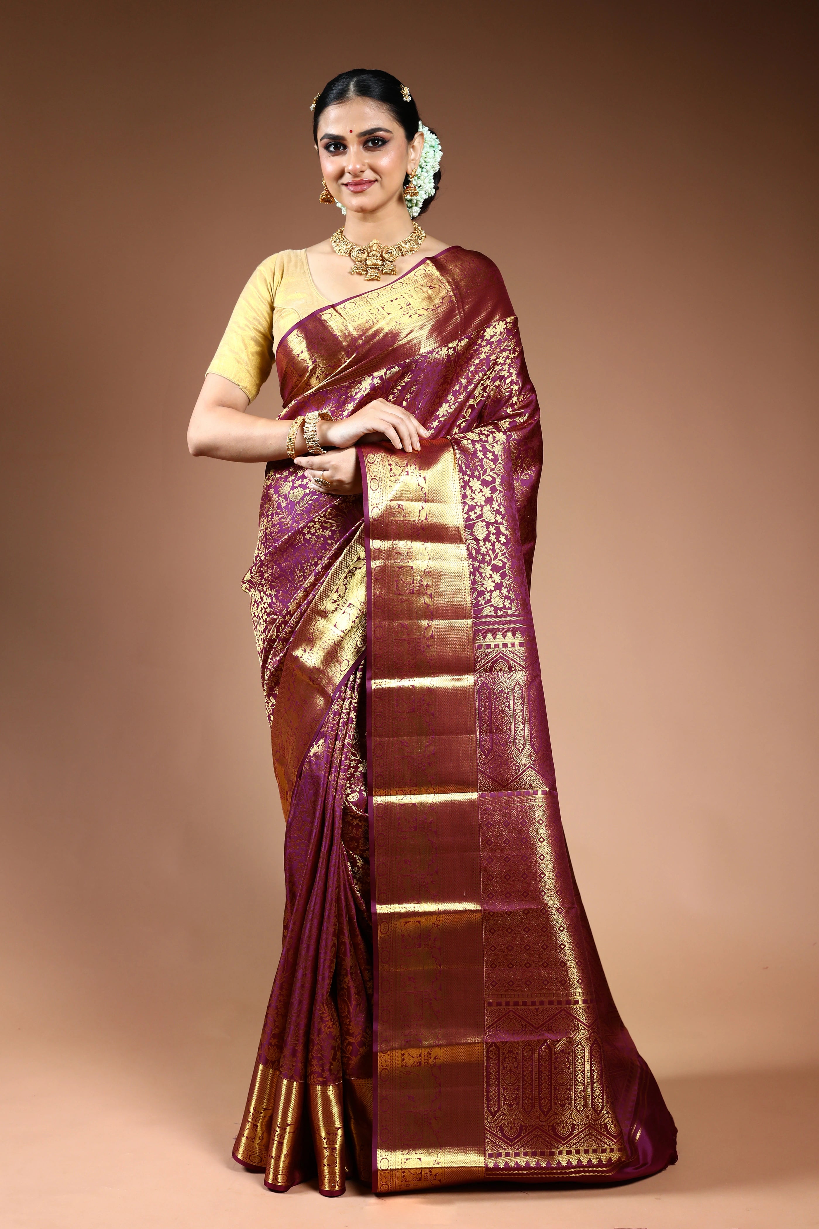 Wine Brocade Kanjivaram Saree with Blouse Piece