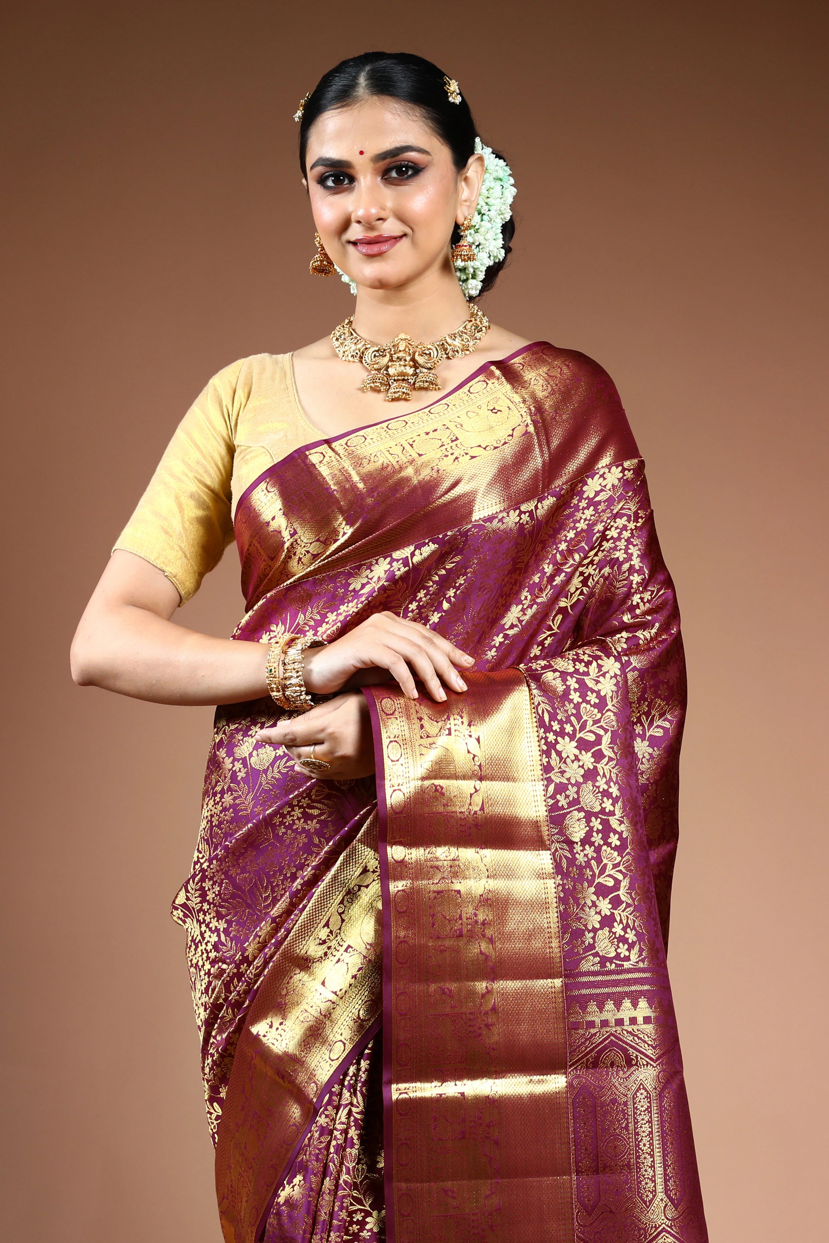 Wine Brocade Kanjivaram Saree with Blouse Piece