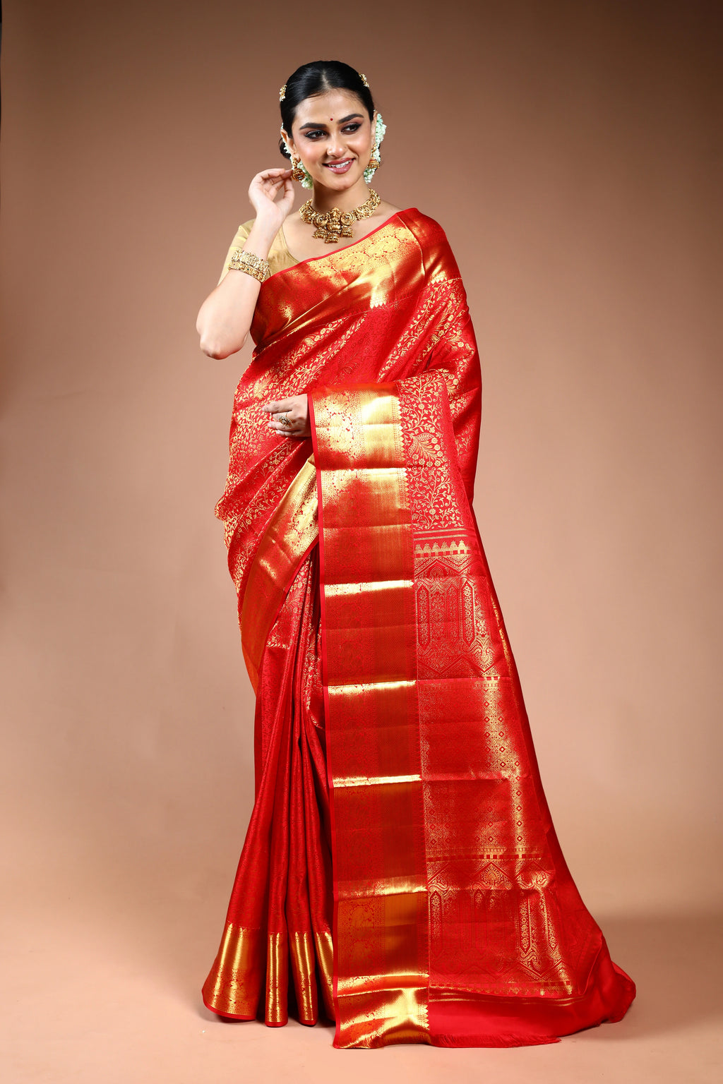 Red Brocade Kanjivaram Saree with Blouse Piece