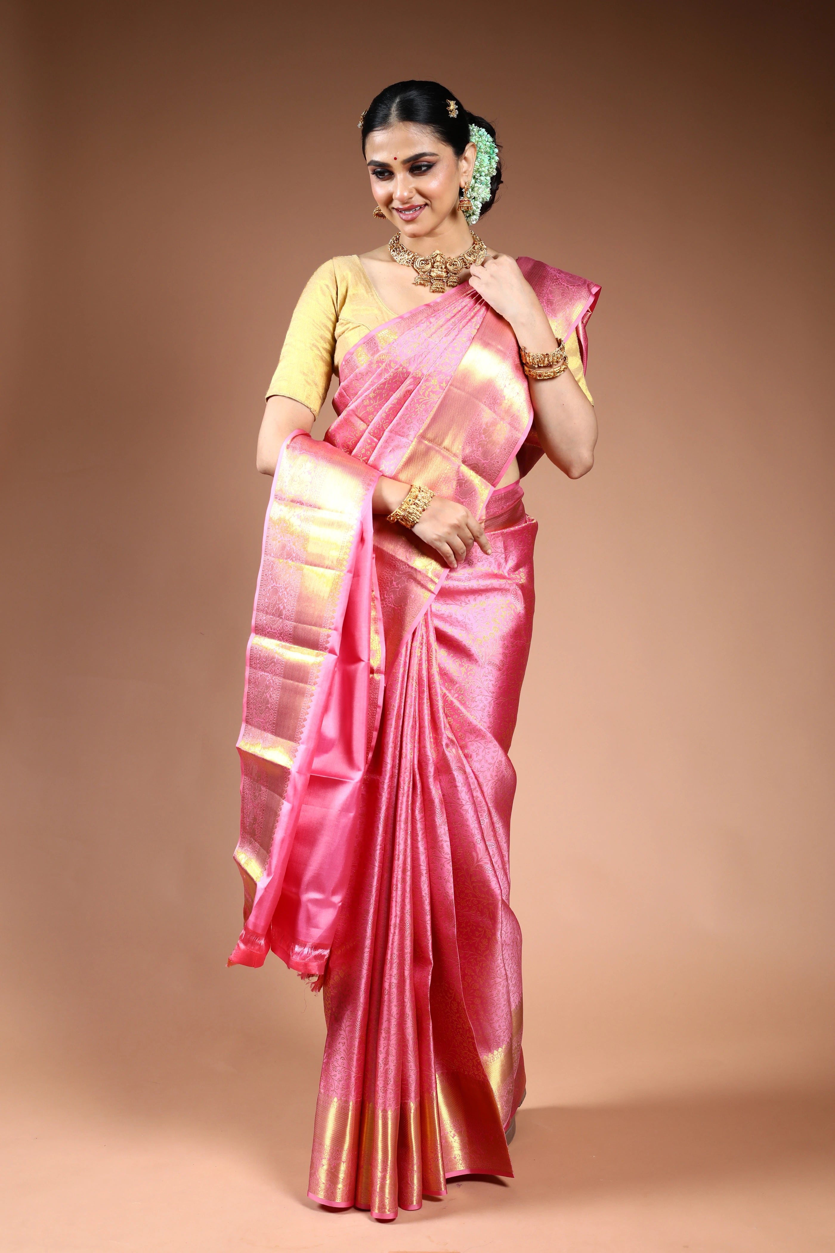 Baby Pink Brocade Kanjivaram Saree with Blouse Piece